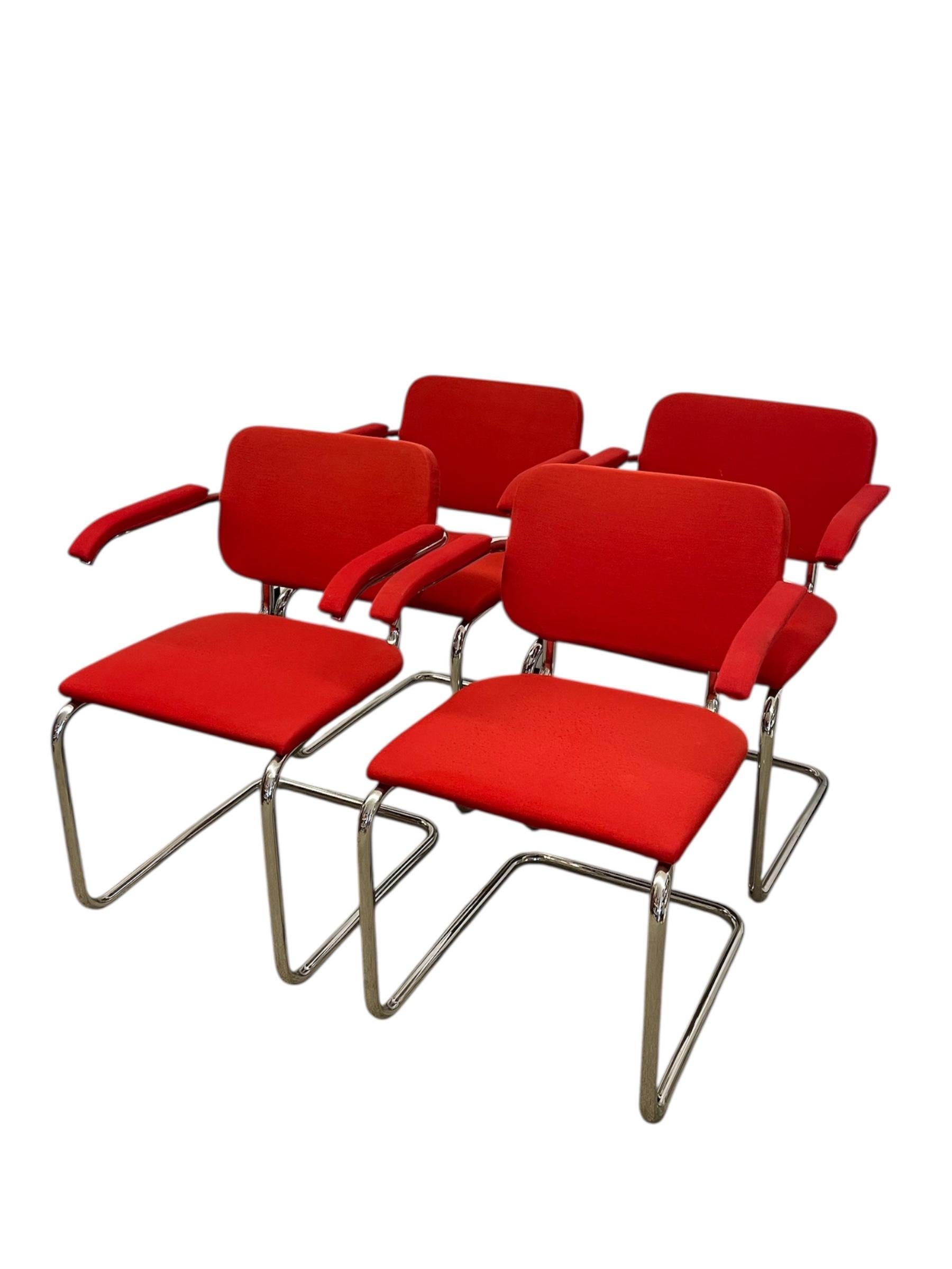 Set of 4 Knoll Cesca Red Upholstered Cantilever Armchairs with Chrome Frames For Sale 3