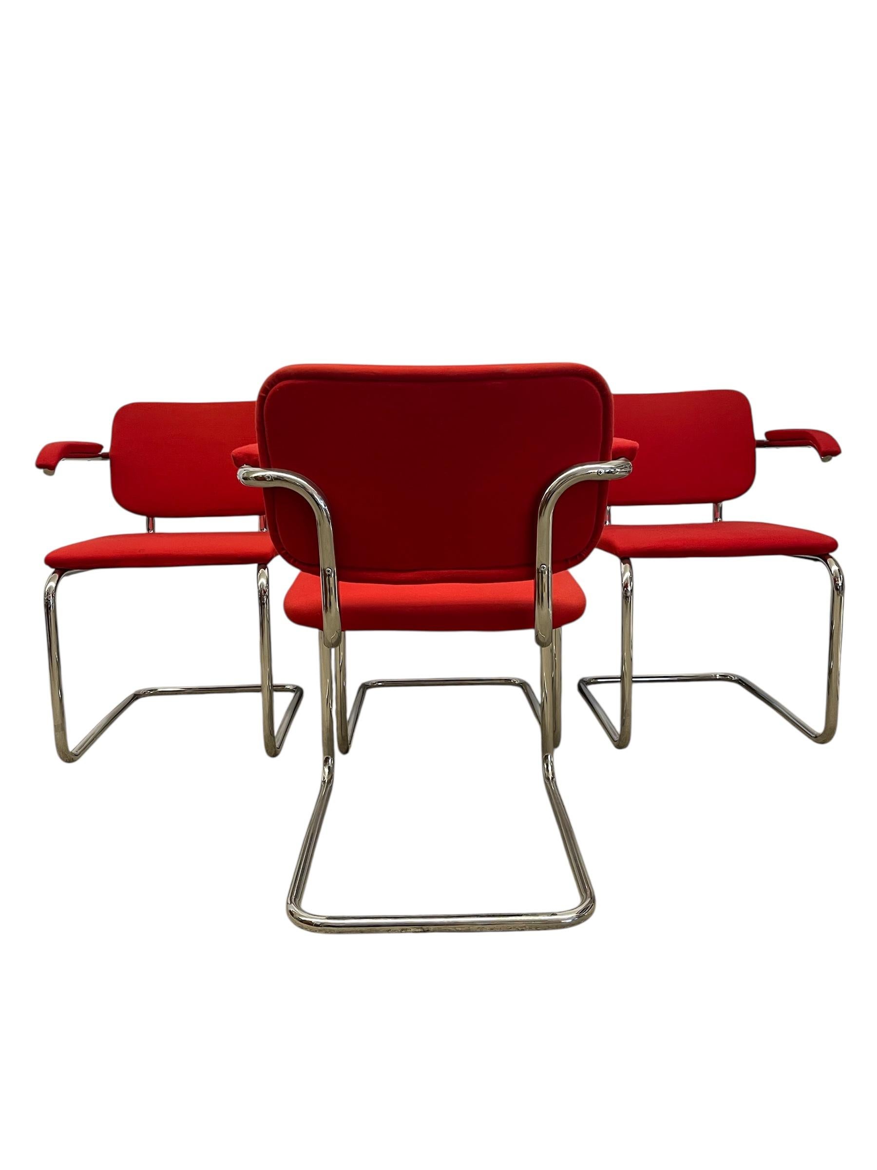 Set of 4 Knoll Cesca Red Upholstered Cantilever Armchairs with Chrome Frames For Sale 4