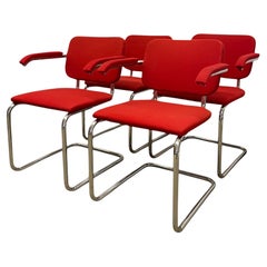 Set of 4 Knoll Cesca Red Upholstered Cantilever Armchairs with Chrome Frames