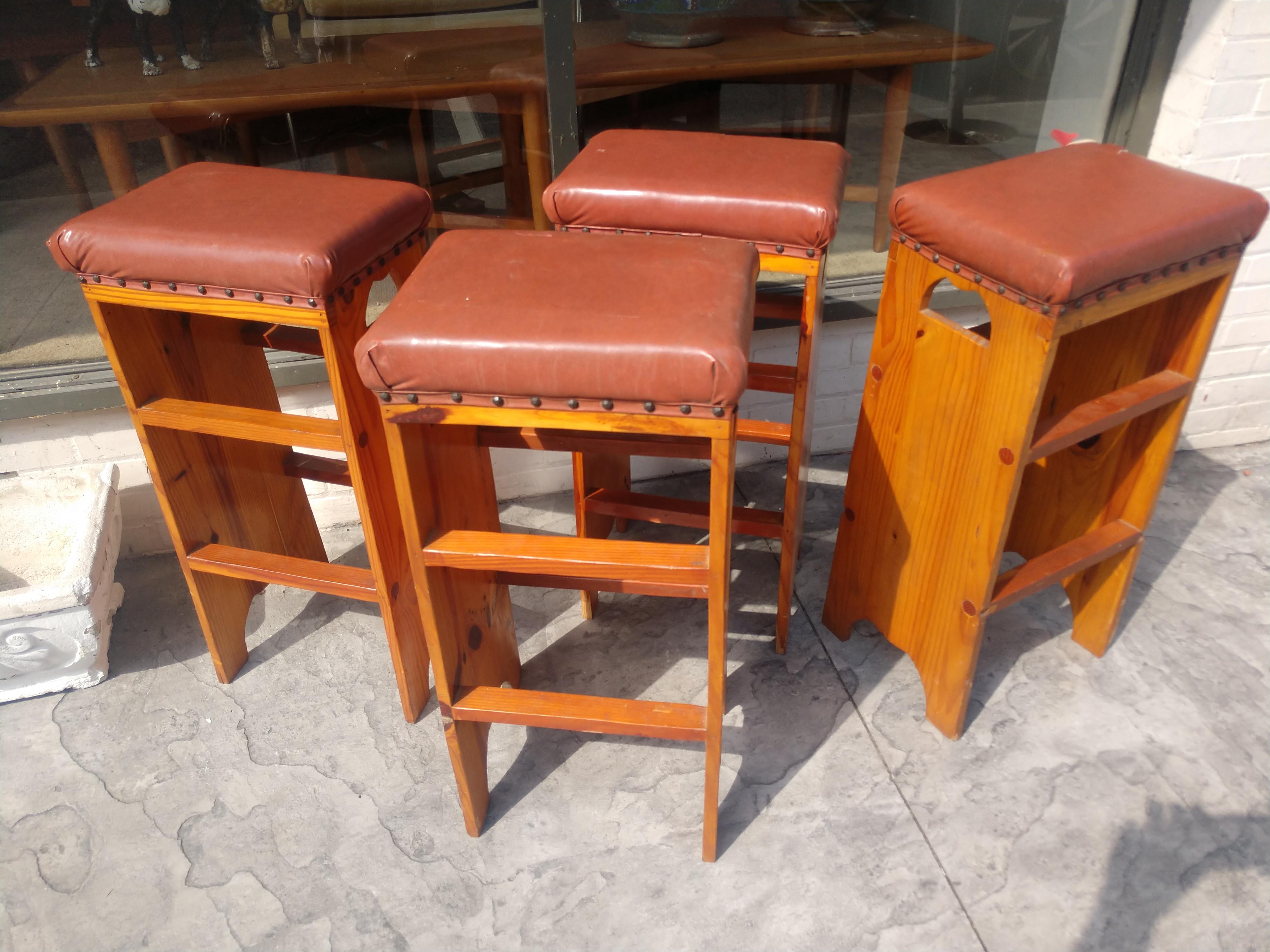 American Set of 4 Knotty Pine Adirondack Style Bar, Counter Stools For Sale