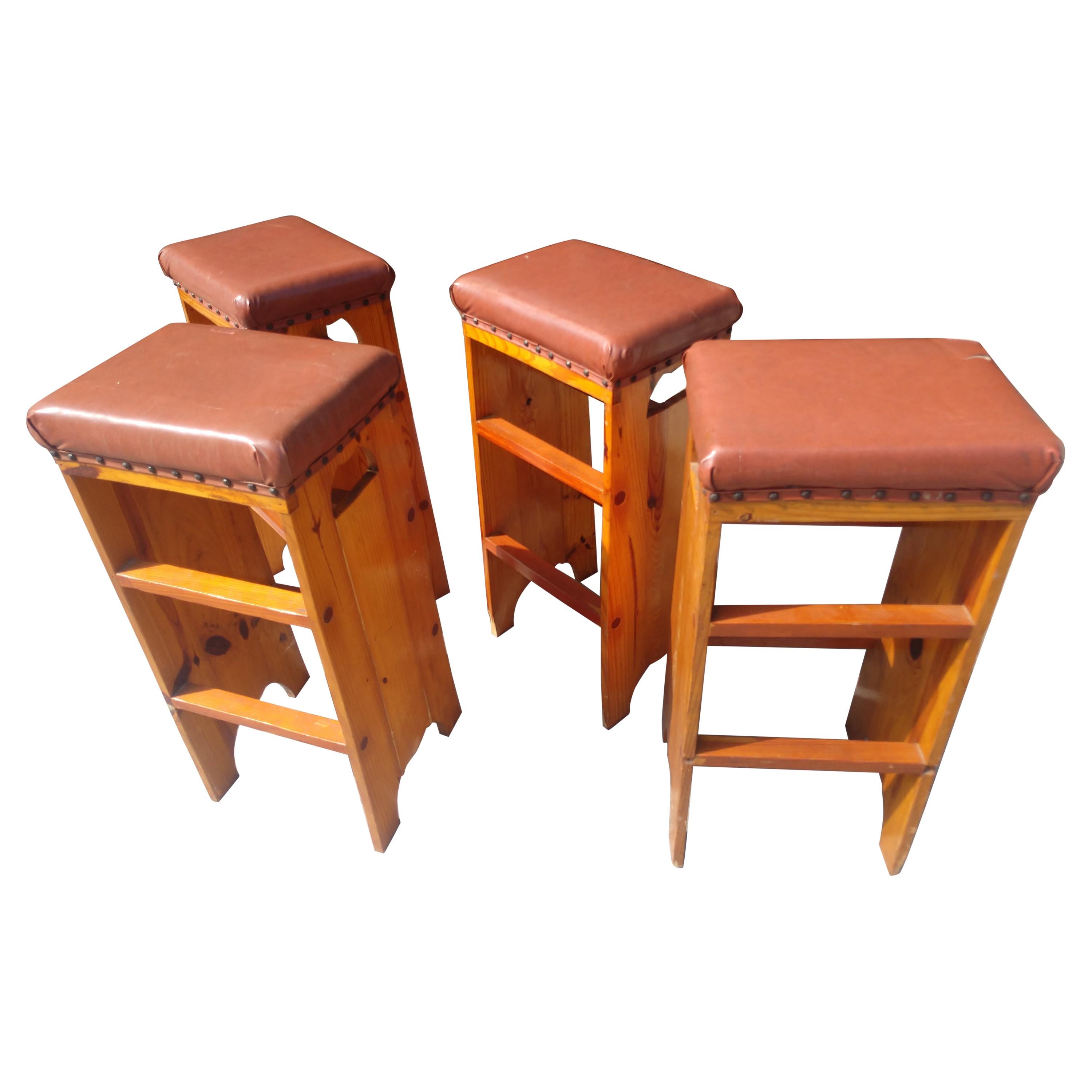 Set of 4 Knotty Pine Adirondack Style Bar, Counter Stools For Sale