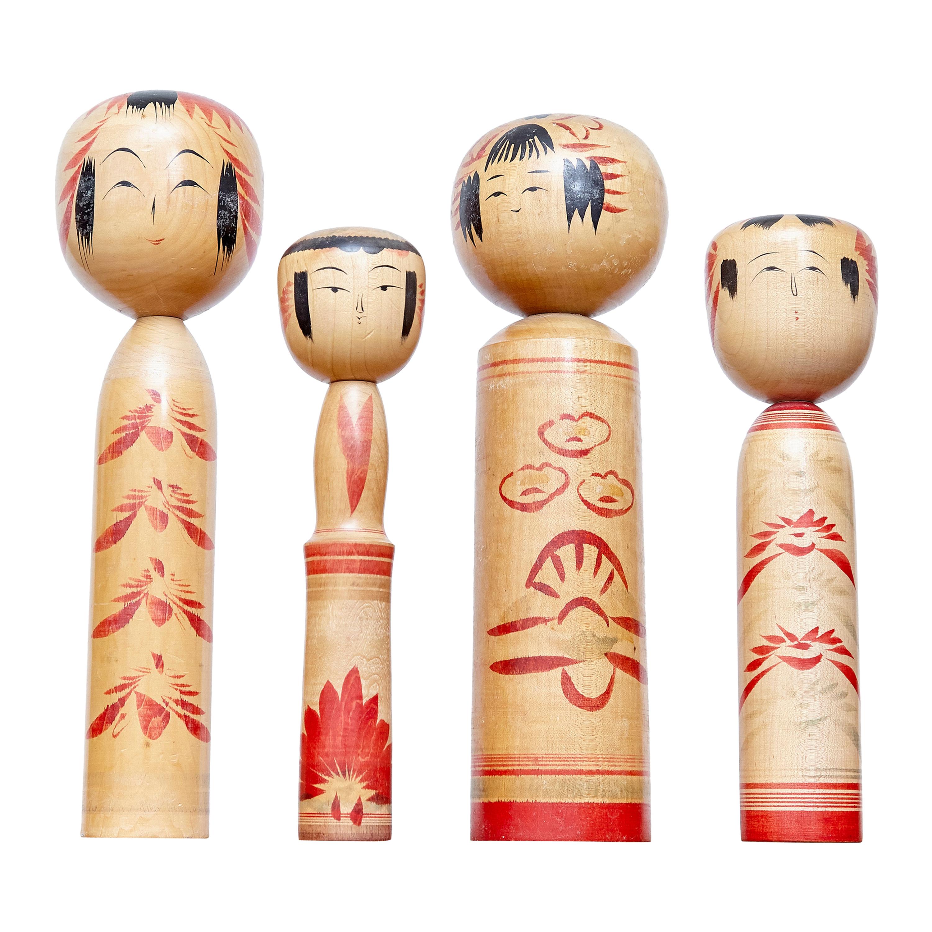 Set of 4 Kokeshi Japanese Wood Hand Painted Doll