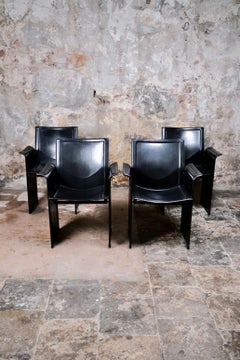 Set di 4 sedie Korium in pelle nera, Tito Agnoli per Matteo Grassi, anni '80