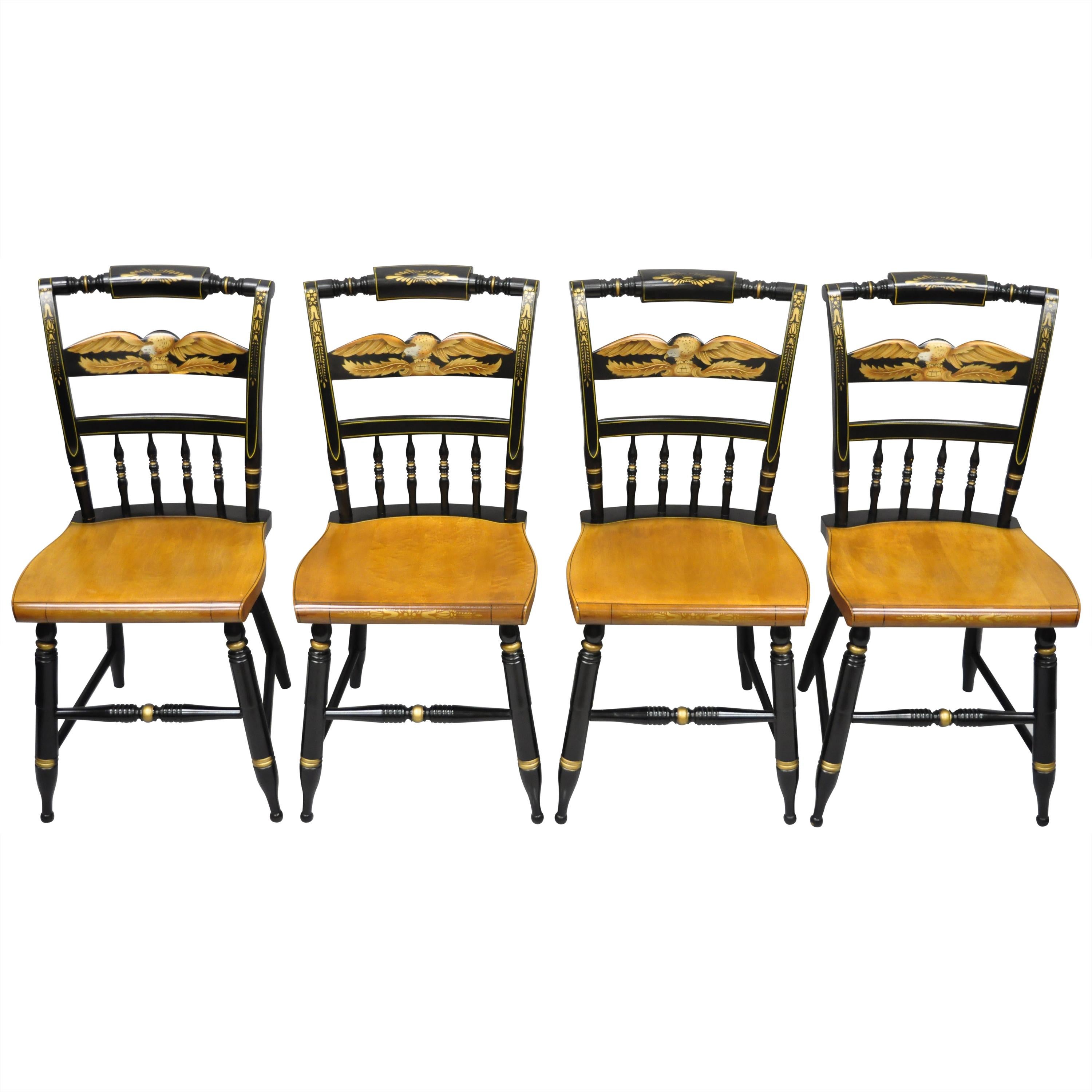 Set of 4 L. Hitchcock Gold Eagle Stencilled Painted Black Maple Dining Chair