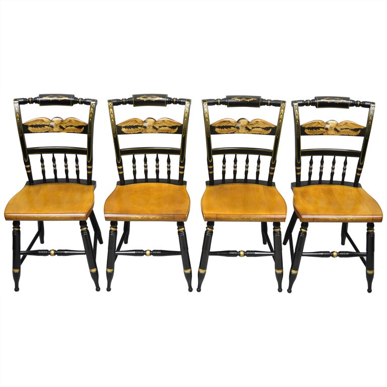 Set of 4 L. Hitchcock Gold Eagle Stencilled Painted Black Maple Dining