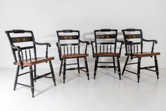 Set of 4, L. Hitchcock Stencilled Painted Black Solid Maple Dining Chairs