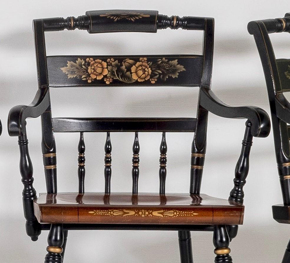 American Colonial Set of 4, L. Hitchcock Stencilled Painted Black Solid Maple Dining Chairs For Sale