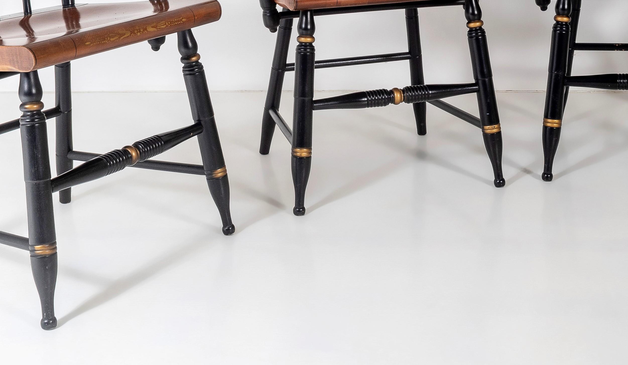 European Set of 4, L. Hitchcock Stencilled Painted Black Solid Maple Dining Chairs For Sale