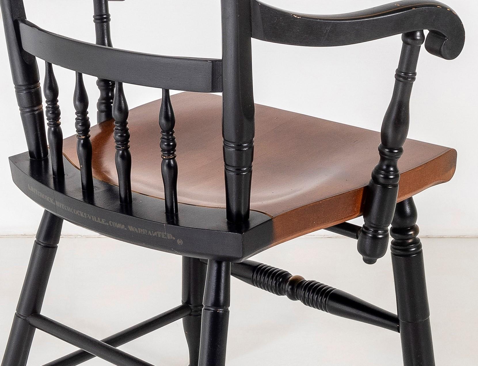 20th Century Set of 4, L. Hitchcock Stencilled Painted Black Solid Maple Dining Chairs For Sale