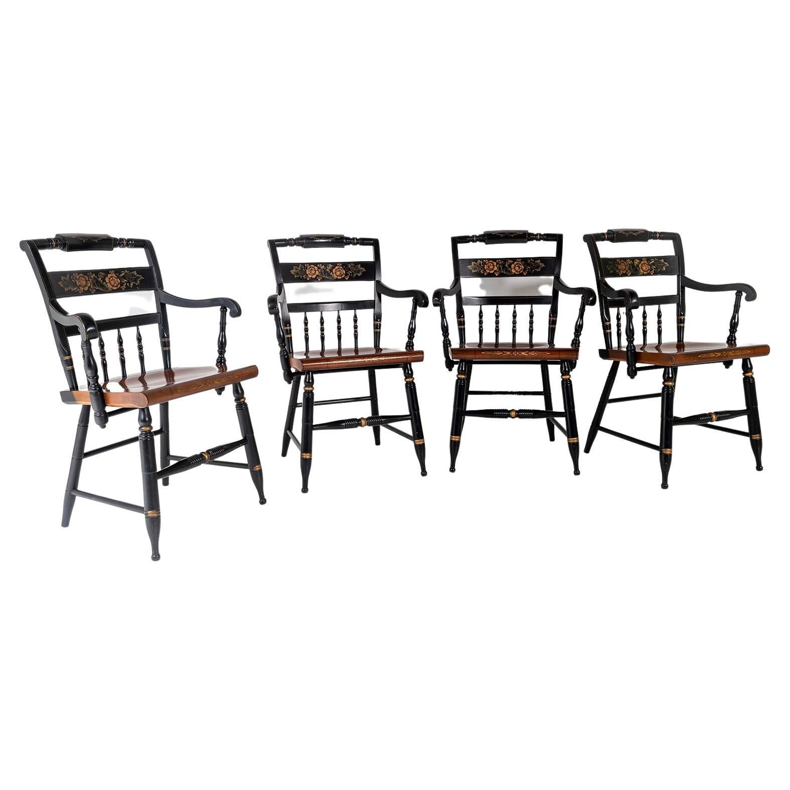 Set of 4, L. Hitchcock Stencilled Painted Black Solid Maple Dining Chairs