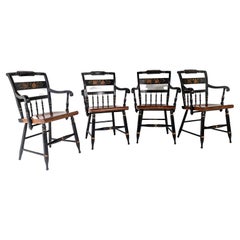 Antique Set of 4, L. Hitchcock Stencilled Painted Black Solid Maple Dining Chairs