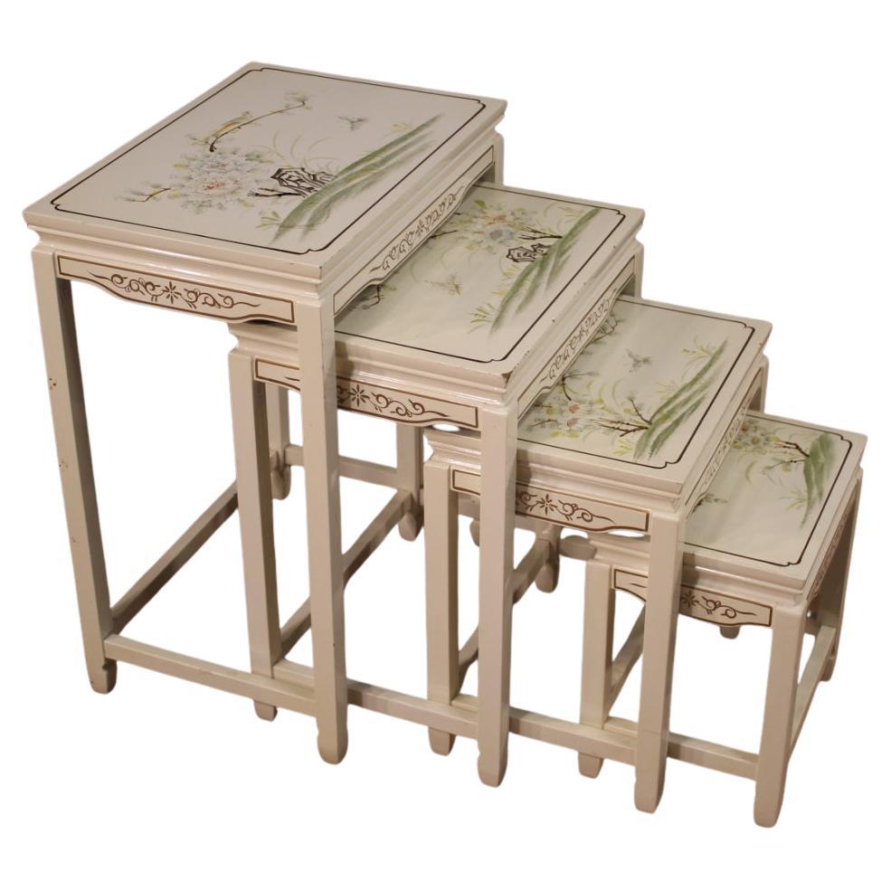 Set of 4 Lacquered and Painted Chinoiserie Wood French Coffee Tables, 1960s For Sale