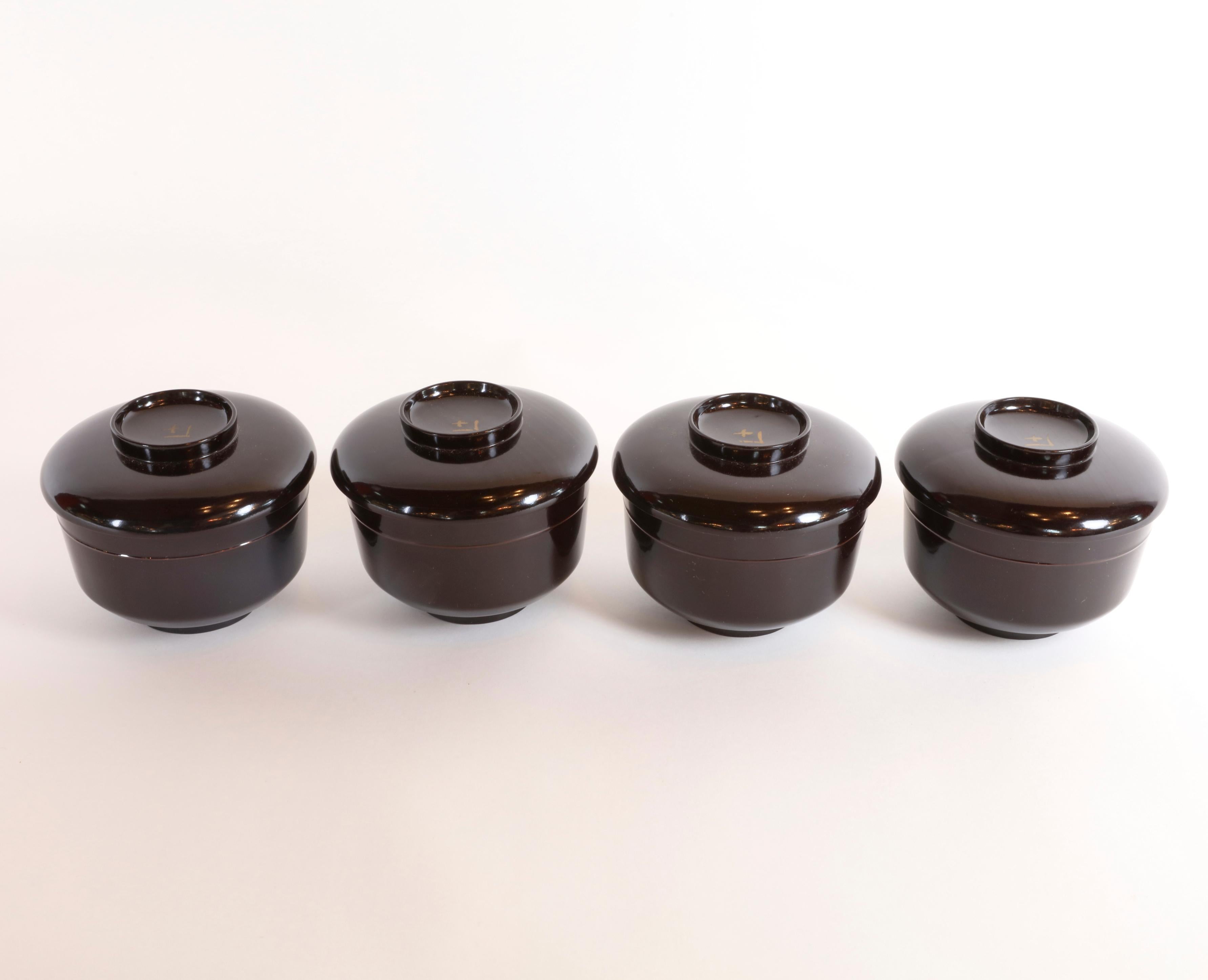 Set of 4 Lacquered Miso Soup Bowls For Sale 1