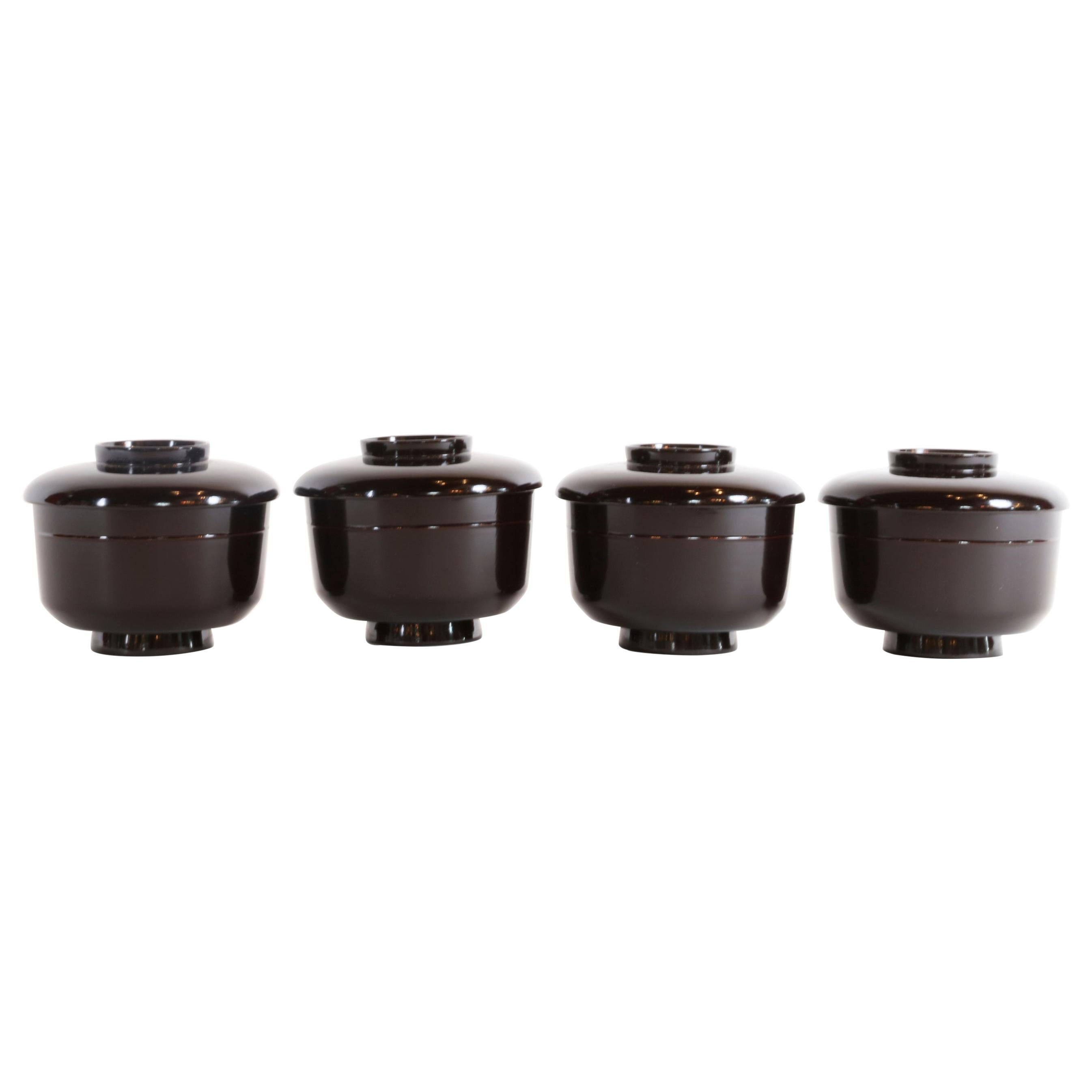 Set of 4 Lacquered Miso Soup Bowls For Sale