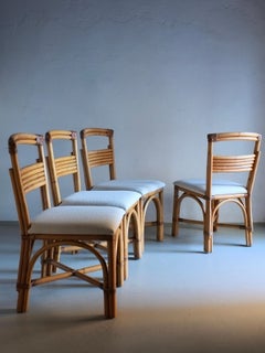 Set of 4 Ladder Back Rattan Dining Chairs, France, 1970s