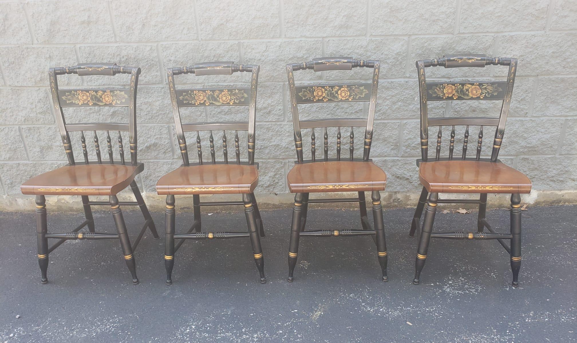 Beautiful  Set of 4 Lambert Hitchcock Ebonized and Gilt Ornate Maple Dining Chairs.
Measures 16