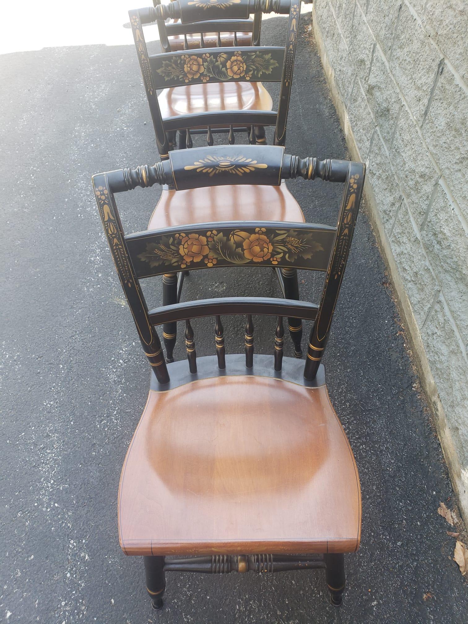 Set of 4 Lambert Hitchcock Ebonized and Gilt Ornate Maple Dining Chairs In Good Condition For Sale In Germantown, MD