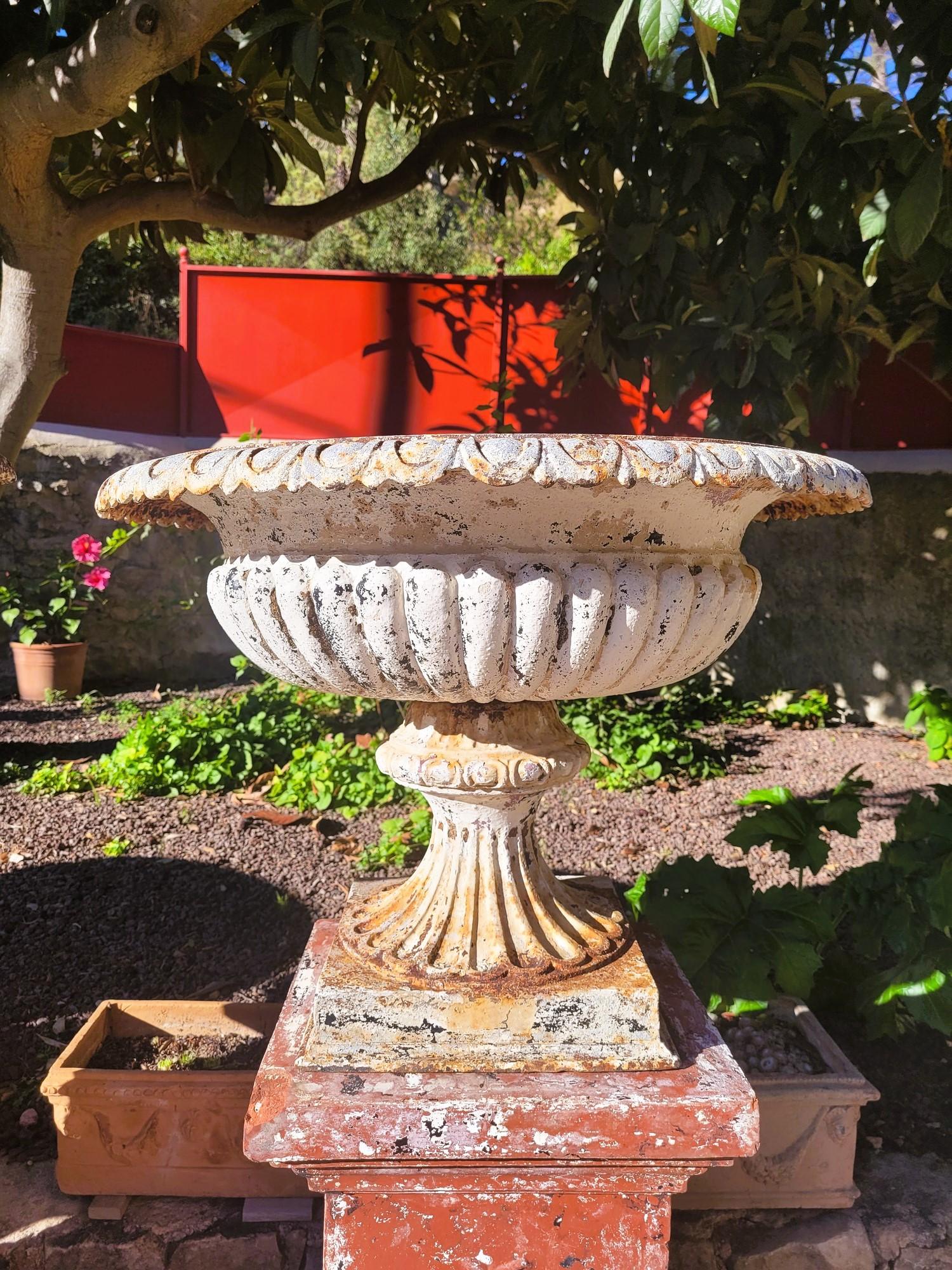 Set Of 4 Large Cast Iron Garden Vases On Terracotta Bases, 19th Century For Sale 9
