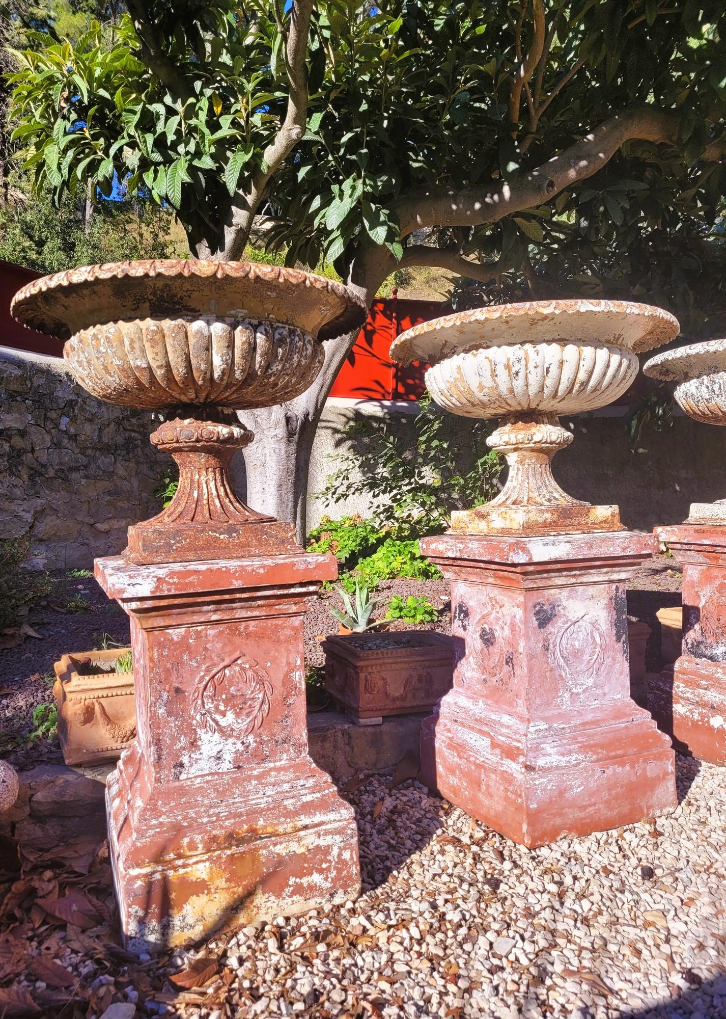 Set Of 4 Large Cast Iron Garden Vases On Terracotta Bases, 19th Century For Sale 2