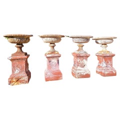 Set Of 4 Large Cast Iron Garden Vases On Terracotta Bases, 19th Century