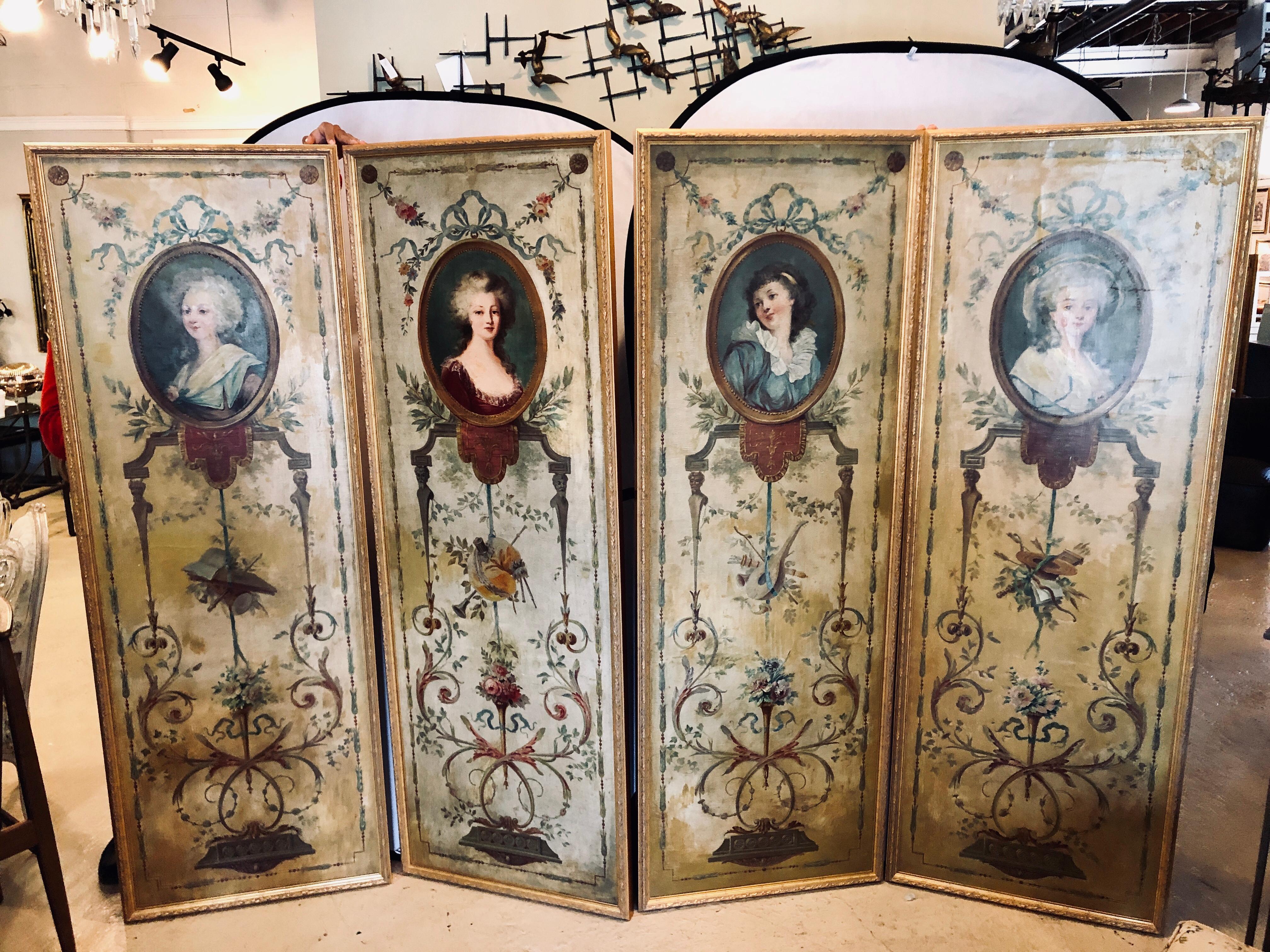 Set of 4 large 19th century oil on canvas wall panels Trumeau paintings. These finely painted panels are simply stunning each having an opposing portrait in a floral background of beautiful woman in early 19th century dress. All are wonderfully