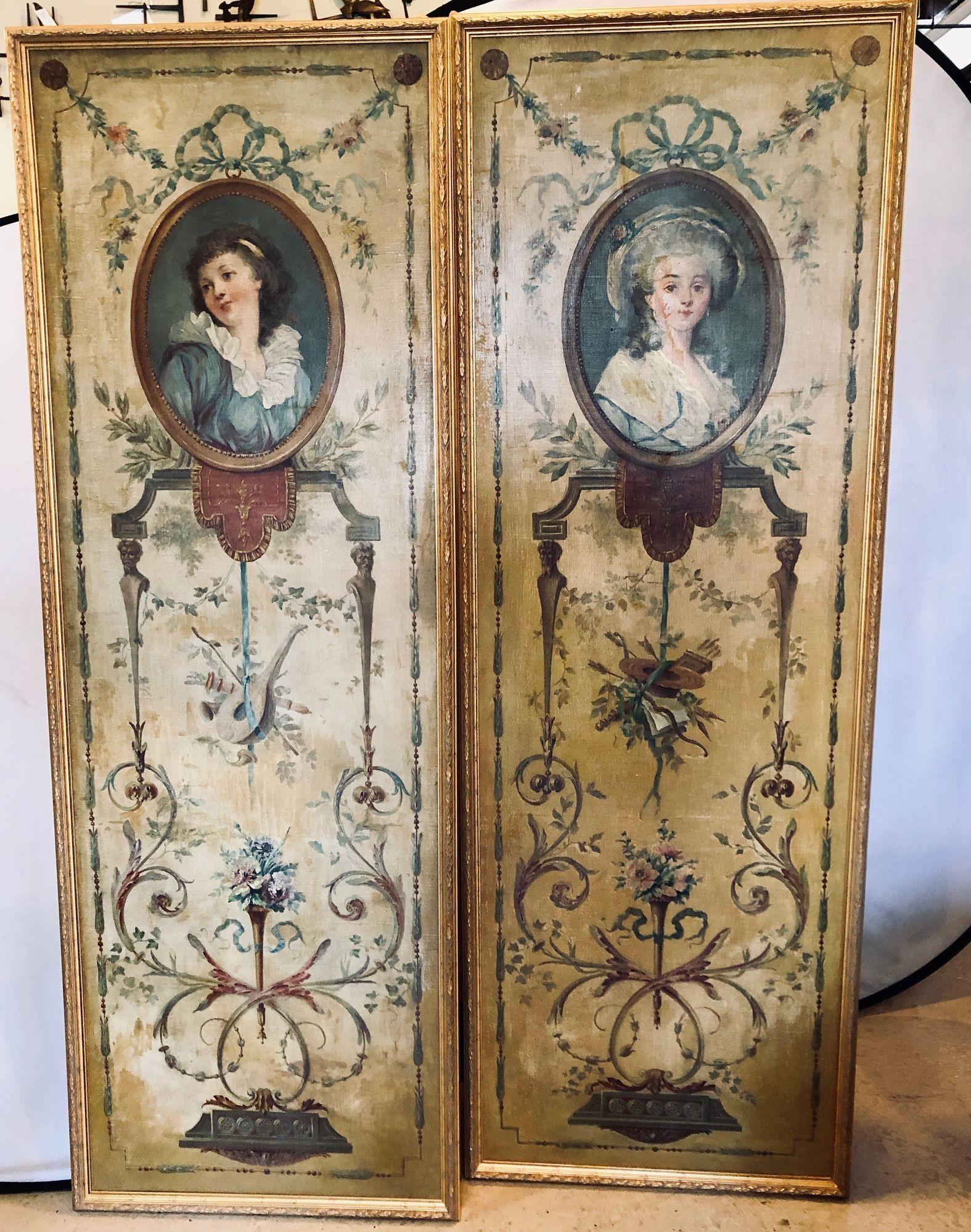 Set von 4 großen französischen Wandtafeln aus dem 19. Jahrhundert, Öl auf Leinwand, Trumeau (Französisch) im Angebot