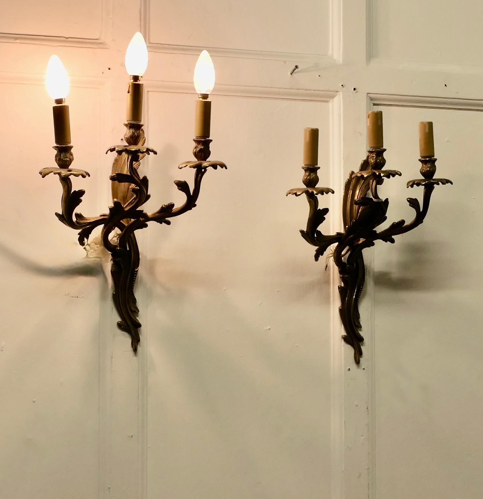 Set of 4 Large French Brass 3 Branch Wall Lights


A very handsome set of Large Heavy Brass wall lights, the lights are in the classical style of a twisted acanthus leaf scroll branches  
Each light has 3 branches each with a sconce and candle