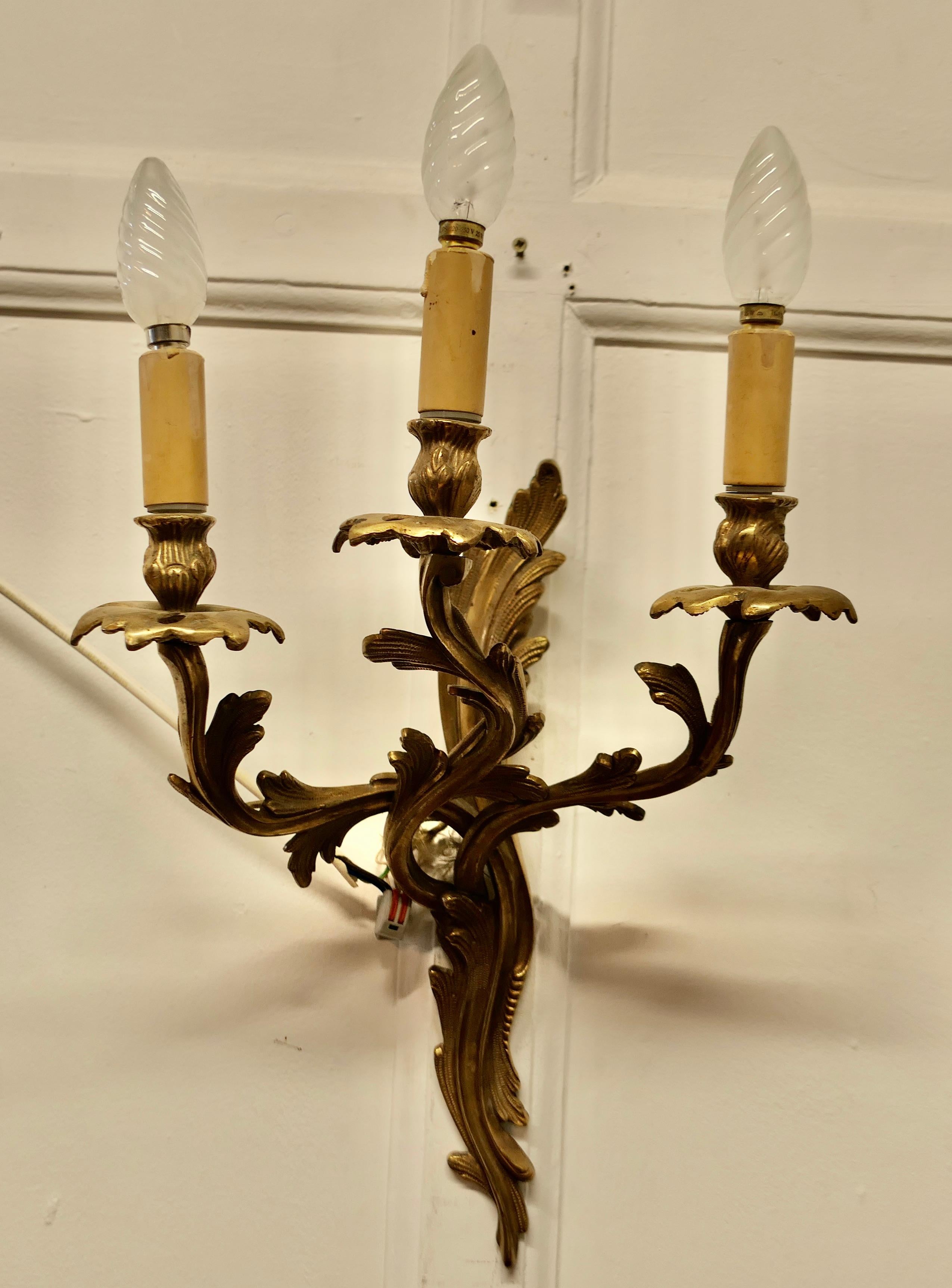 Rococo Revival Set of 4 Large French Brass 3 Branch Wall Lights     For Sale