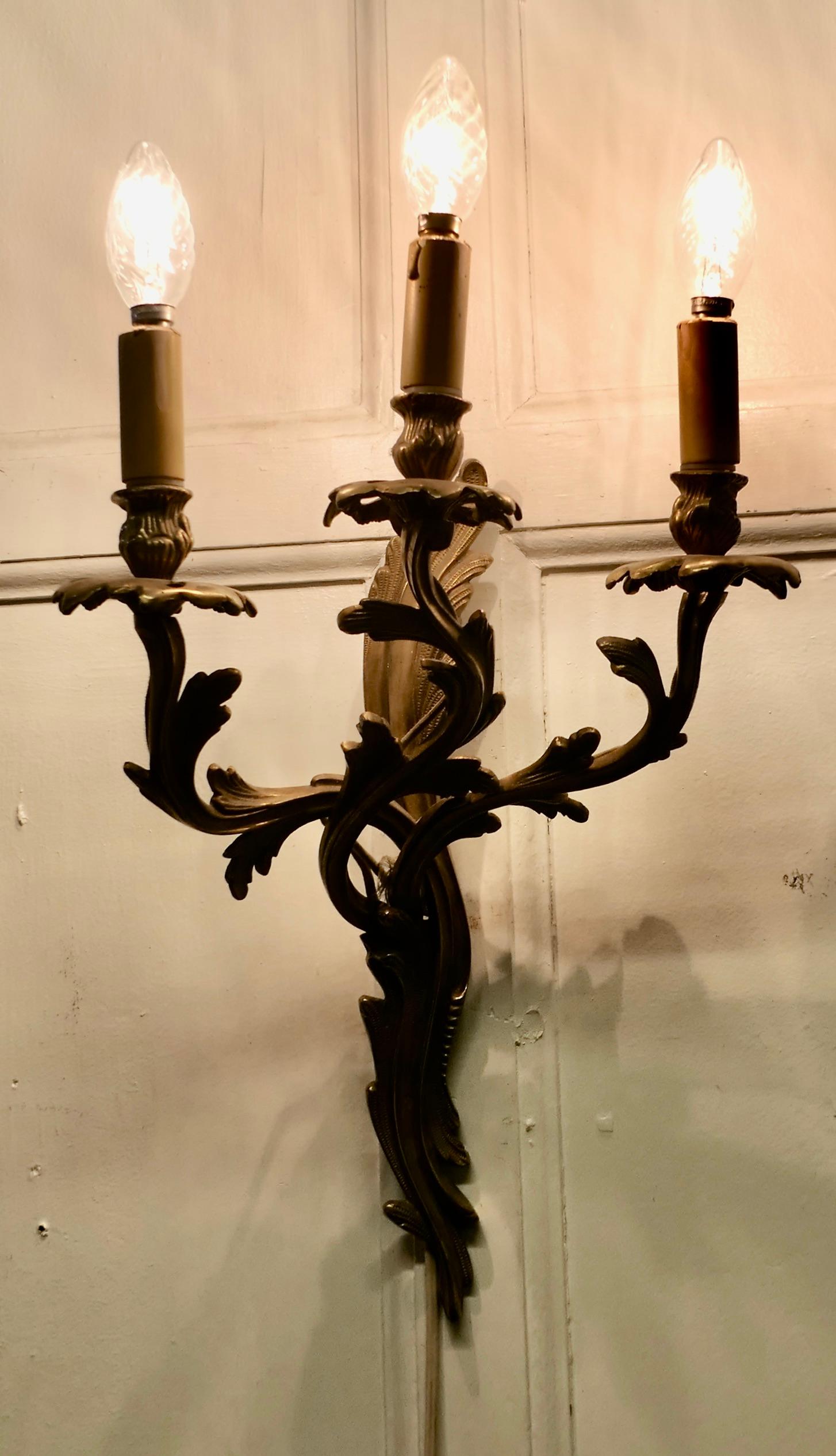 20th Century Set of 4 Large French Brass 3 Branch Wall Lights For Sale