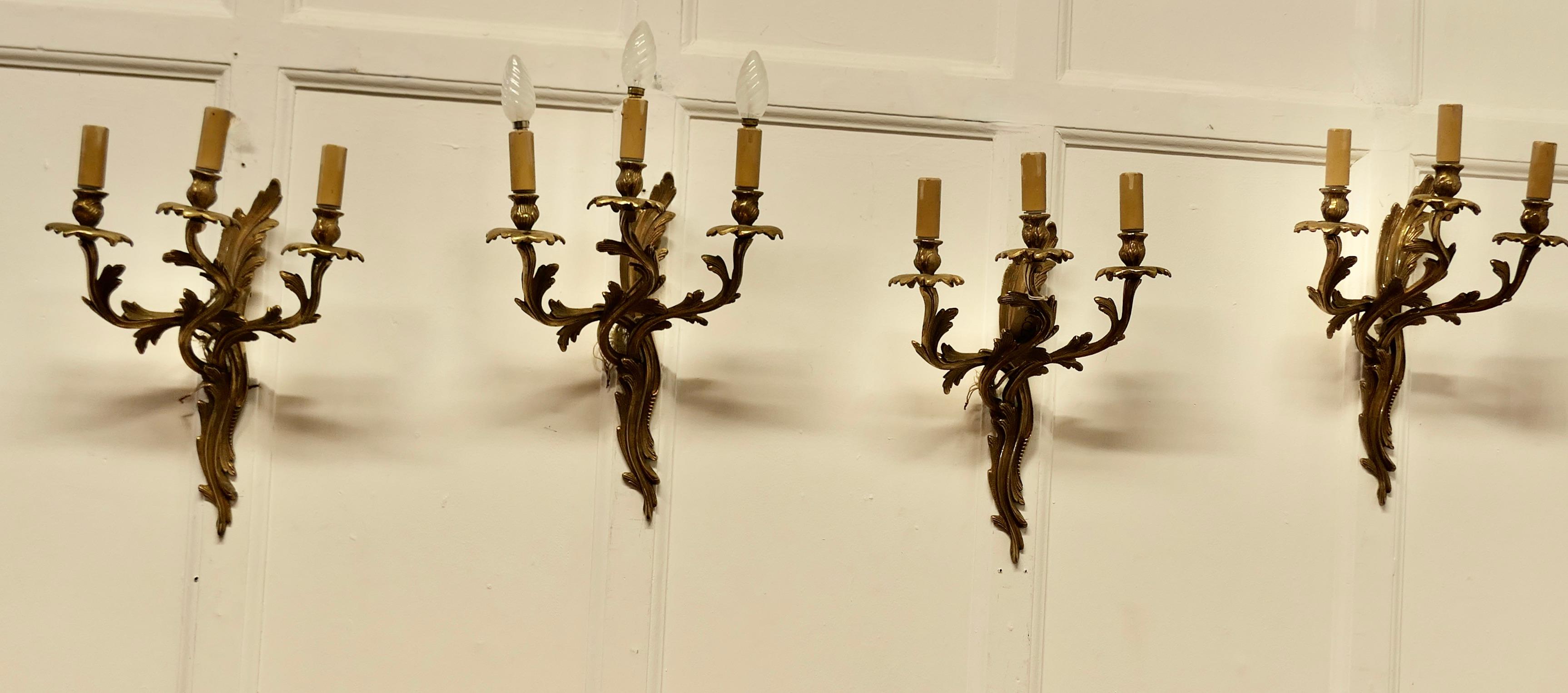 Early 20th Century Set of 4 Large French Brass 3 Branch Wall Lights     For Sale