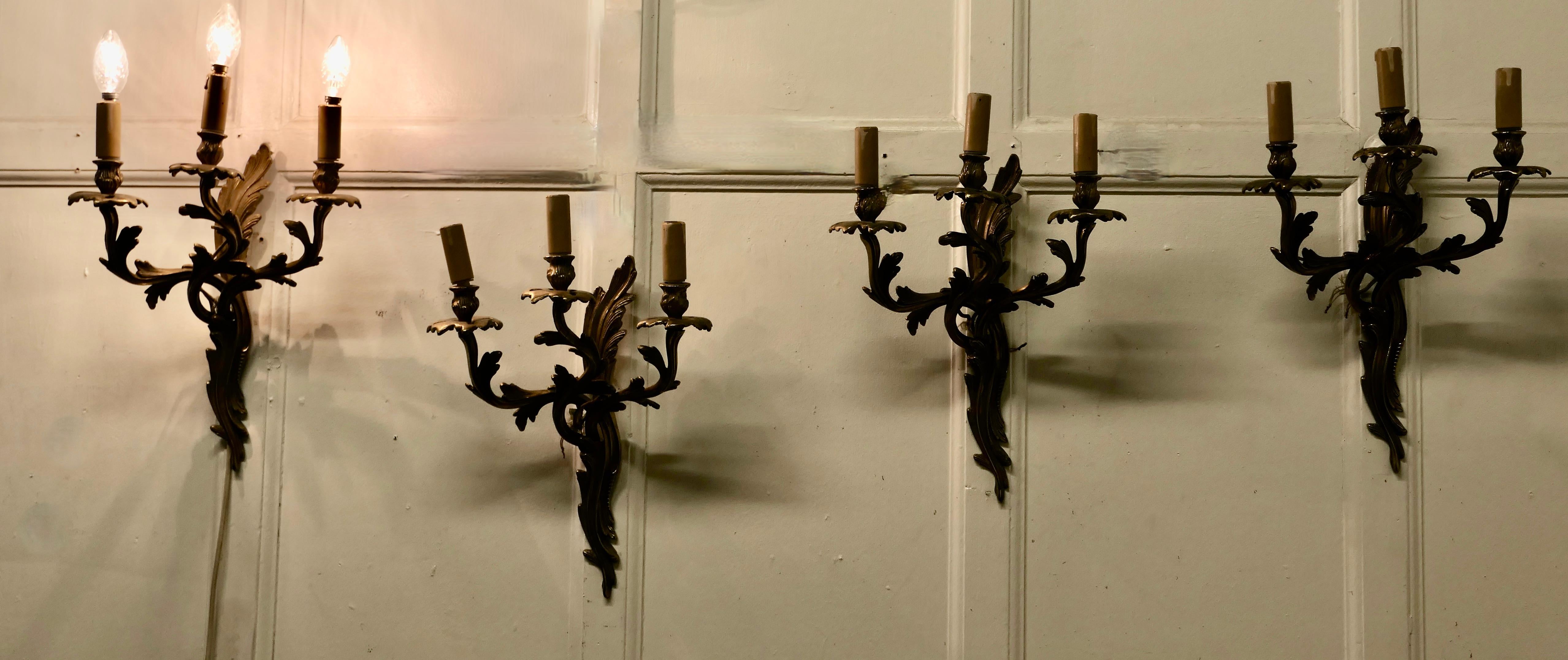 Set of 4 Large French Brass 3 Branch Wall Lights For Sale 1