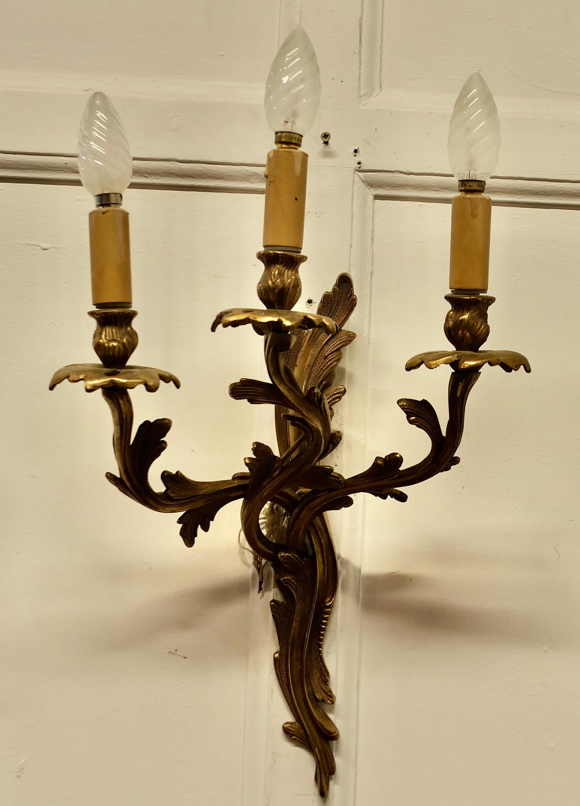 Set of 4 Large French Brass 3 Branch Wall Lights     For Sale 1