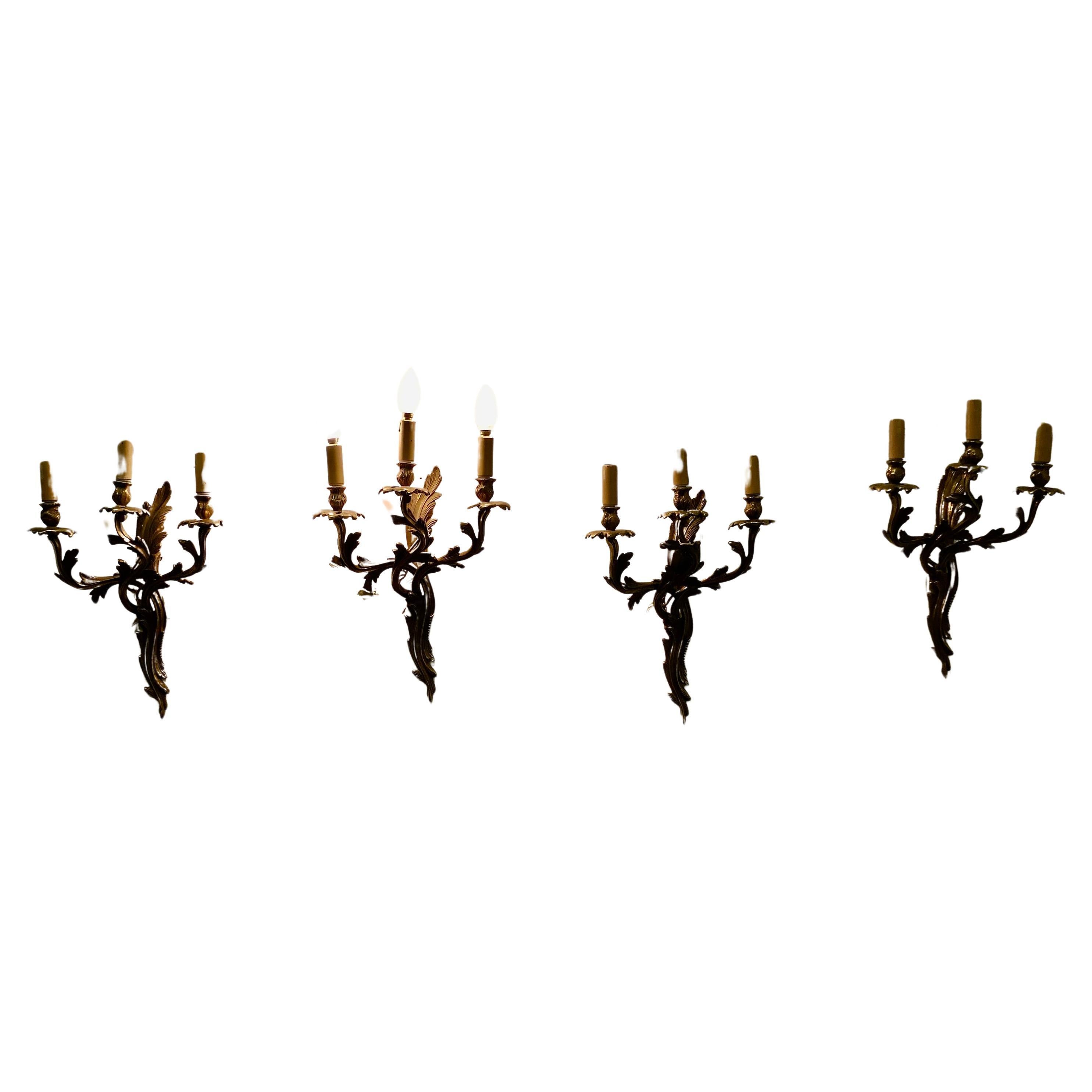 Set of 4 Large French Brass 3 Branch Wall Lights     For Sale