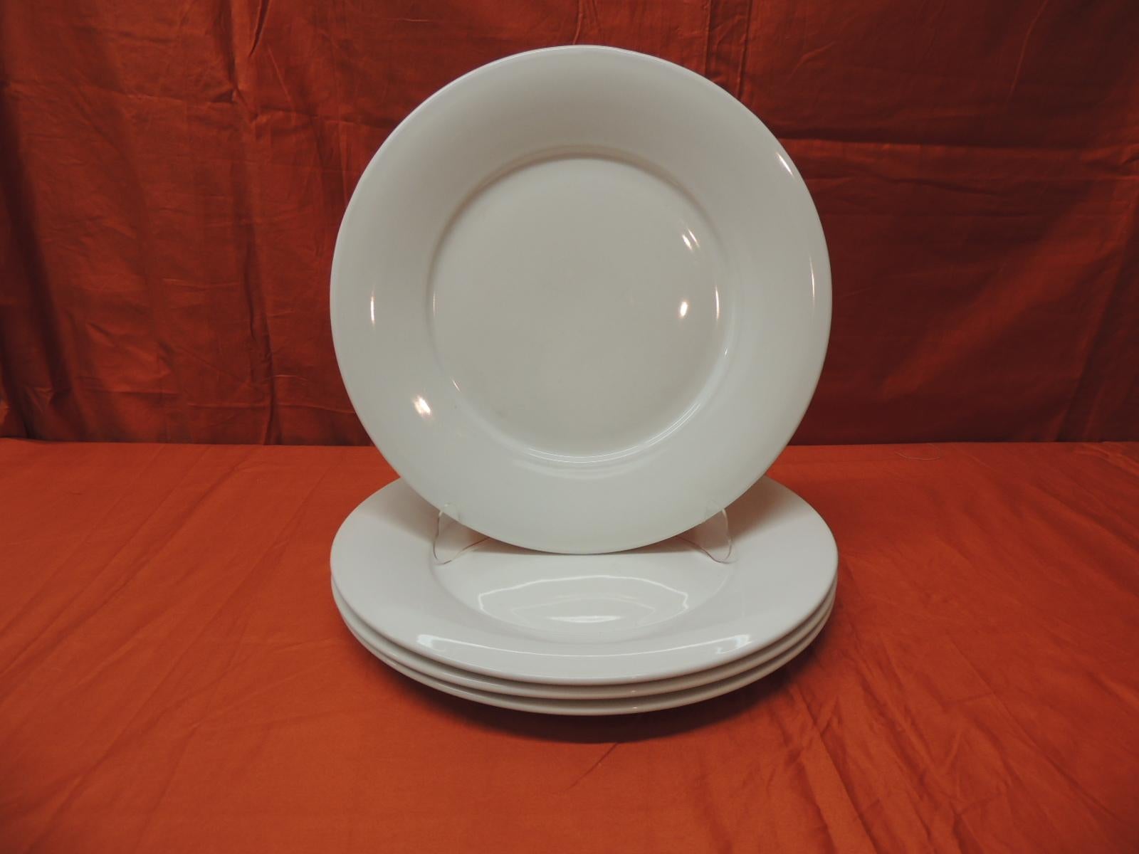 Set of (4) large French porcelain dinner plates.
Large white dinner plates.
Size: 12 1/4 D x 1/2 H.