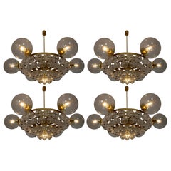 Set of 4 Large Hotel Chandeliers with Brass Fixture and Structured Glass Globes