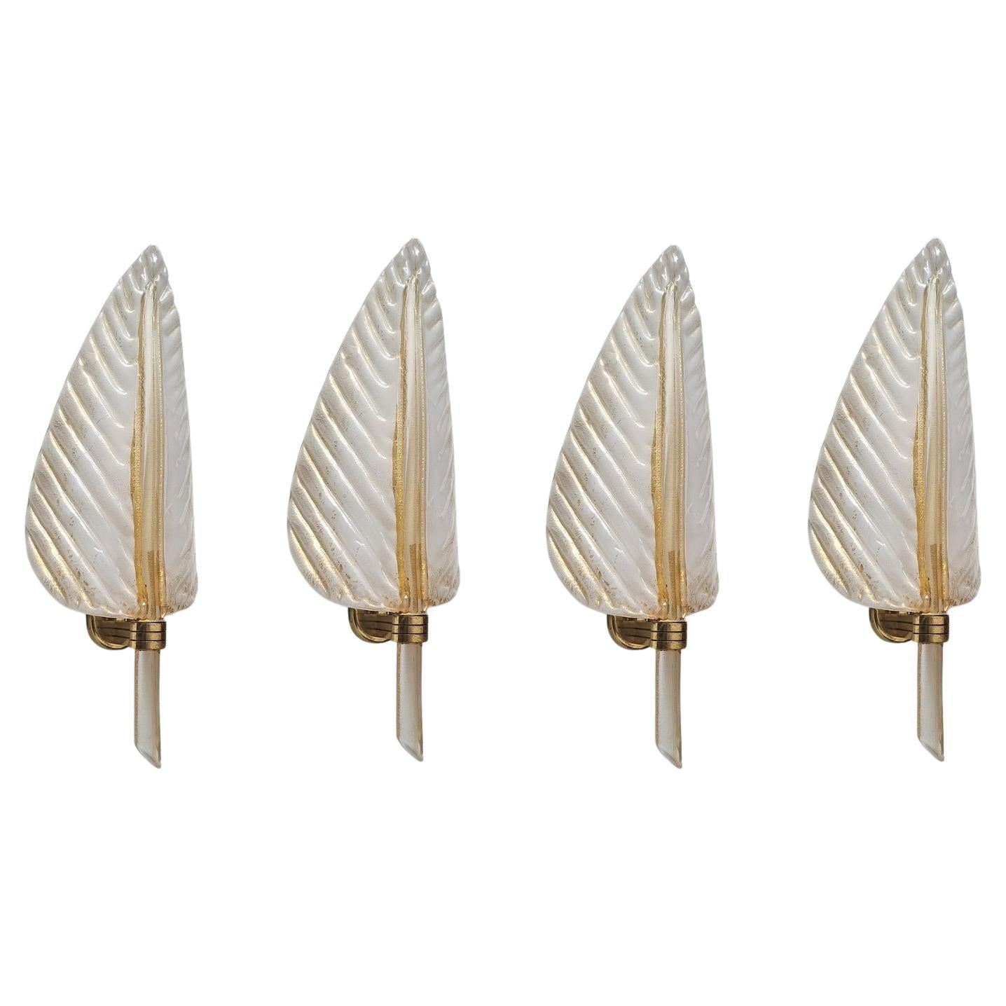 Set of 4 Large Italian Vintage Murano Glass and Brass Wall Lights Sconces, 1920s