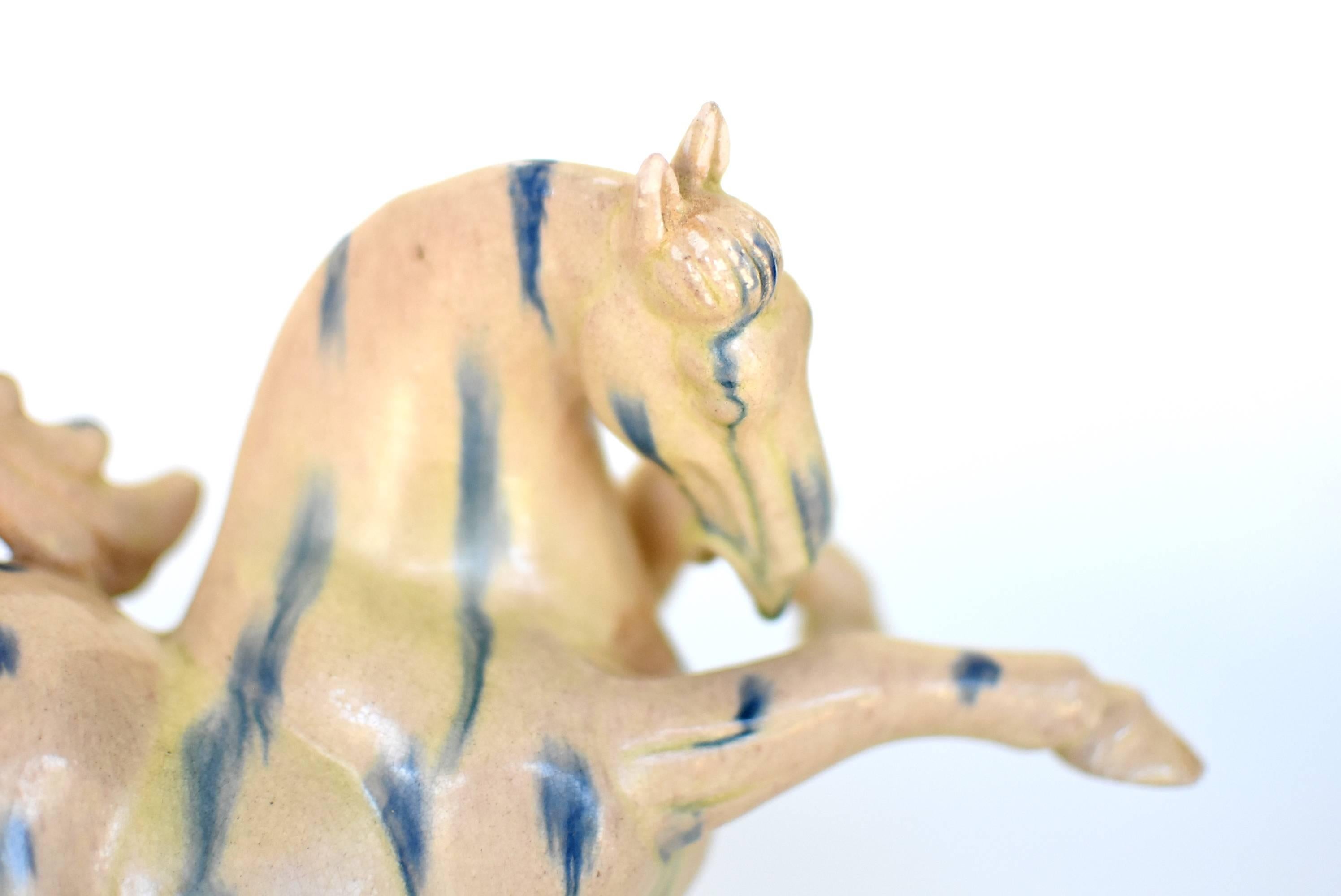 Set of 4 Large Pottery Horses, Chinese Terracotta with Blue Streaks 6