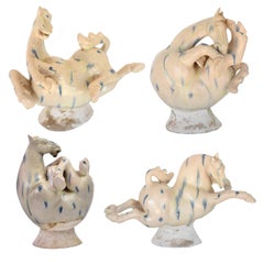 Set of 4 Large Pottery Horses, Chinese Terracotta with Blue Streaks