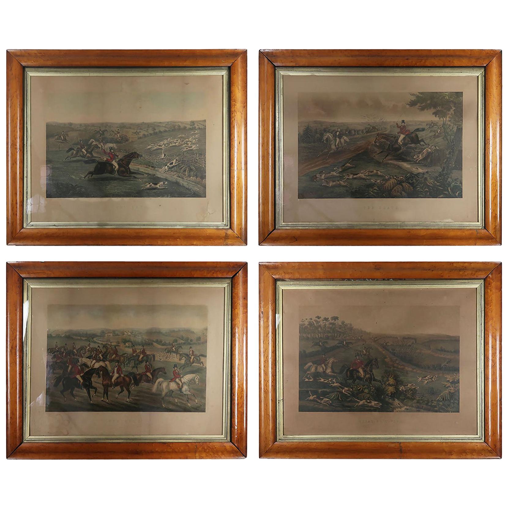 Set of 4 Large Scale Antique Sporting Prints, German, Mid-19th Century