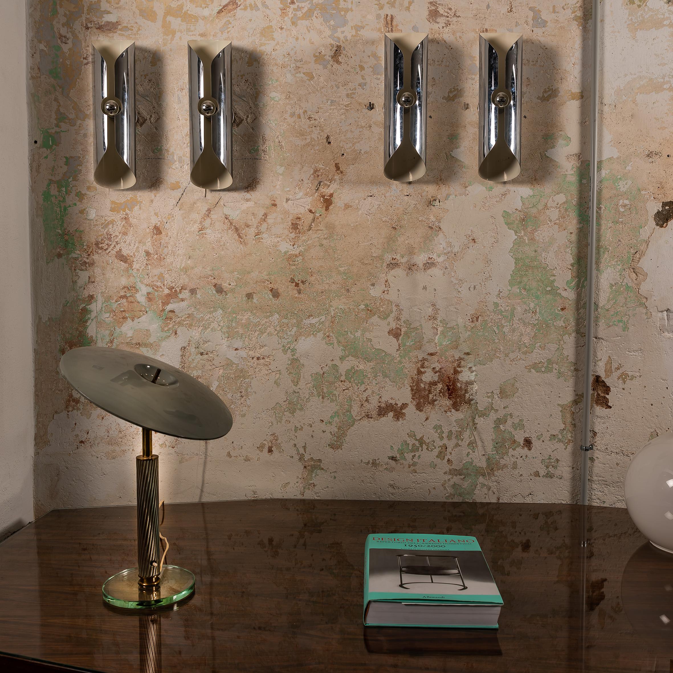 Lacquered Set of 4 Large Space Age Chrome & White Enamel Sconces, Italy 1970’s