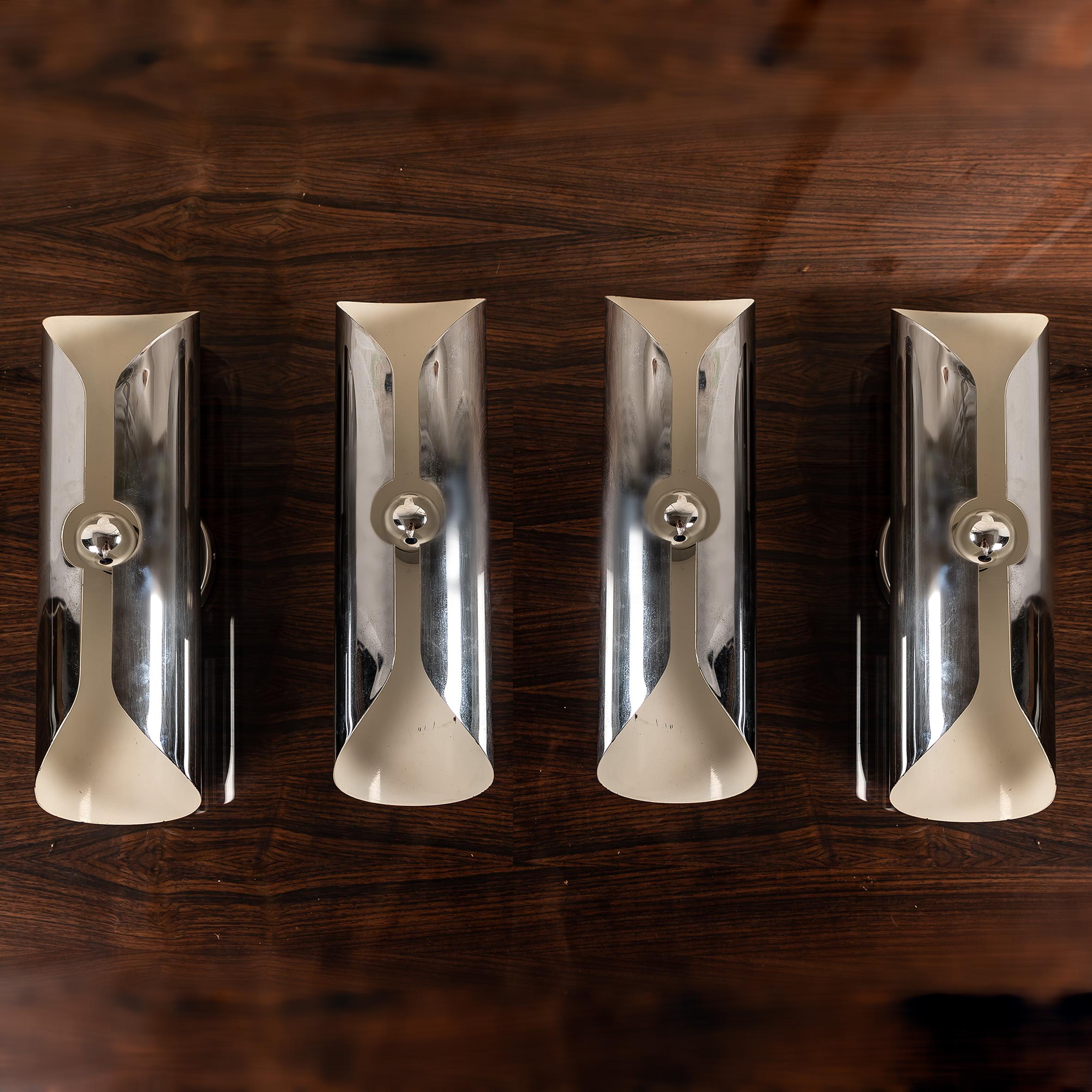 Set of 4 Large Space Age Chrome & White Enamel Sconces, Italy 1970’s 2