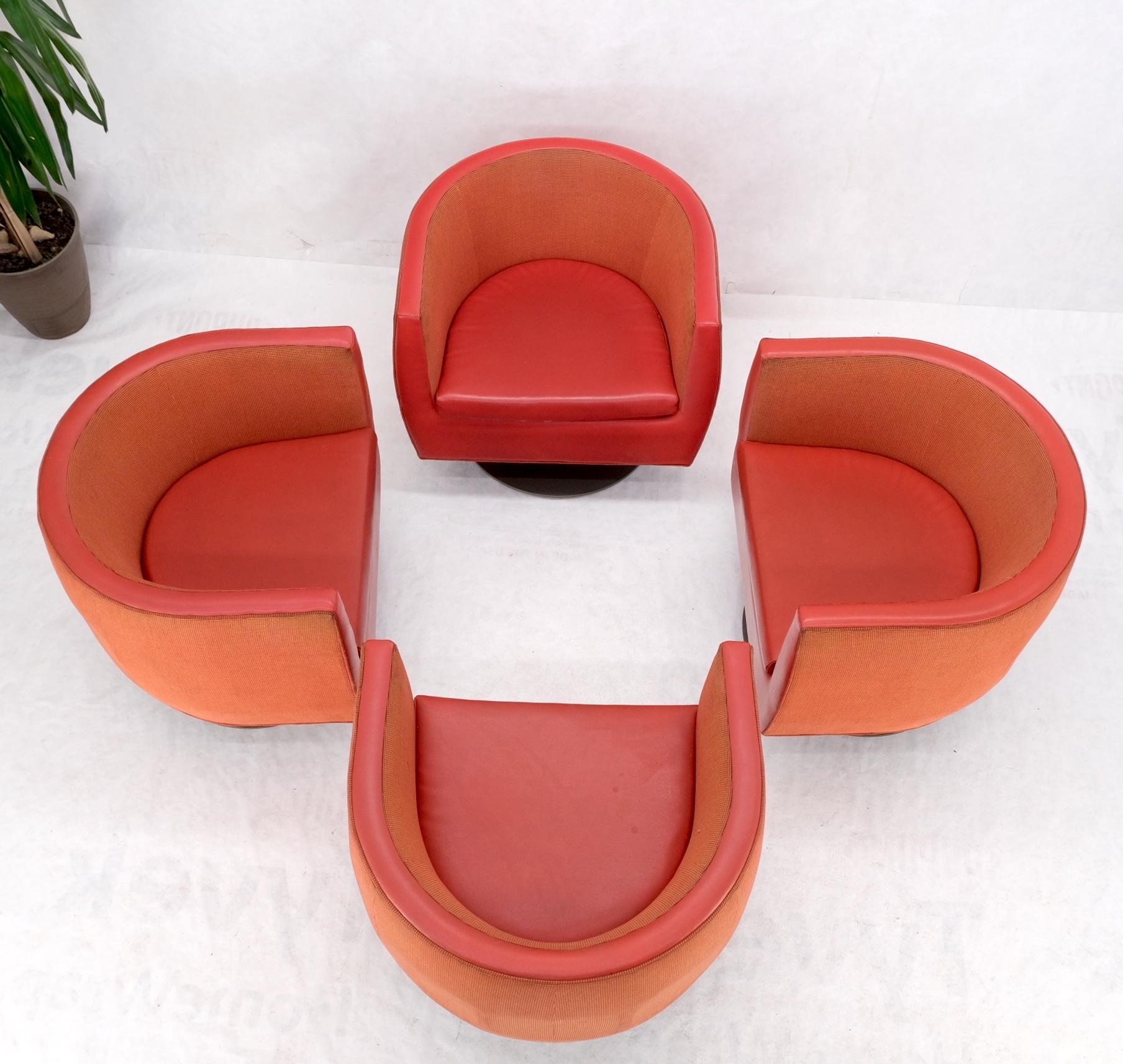 Set of 4 Large Swivel Round Barrel Back Lounge Club Chairs Red Upholstery For Sale 9