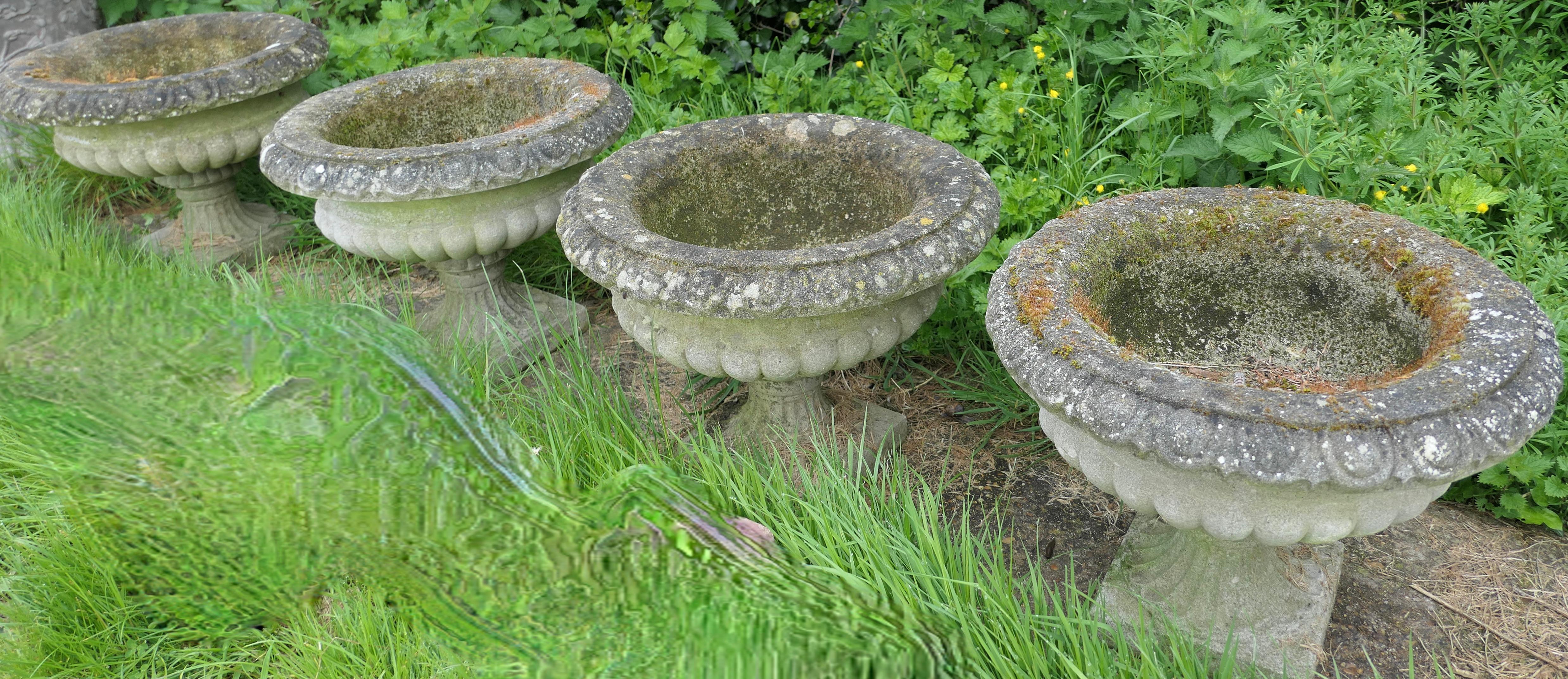 Set of 4 Large Weathered Cast Stone Garden Planters For Sale 7