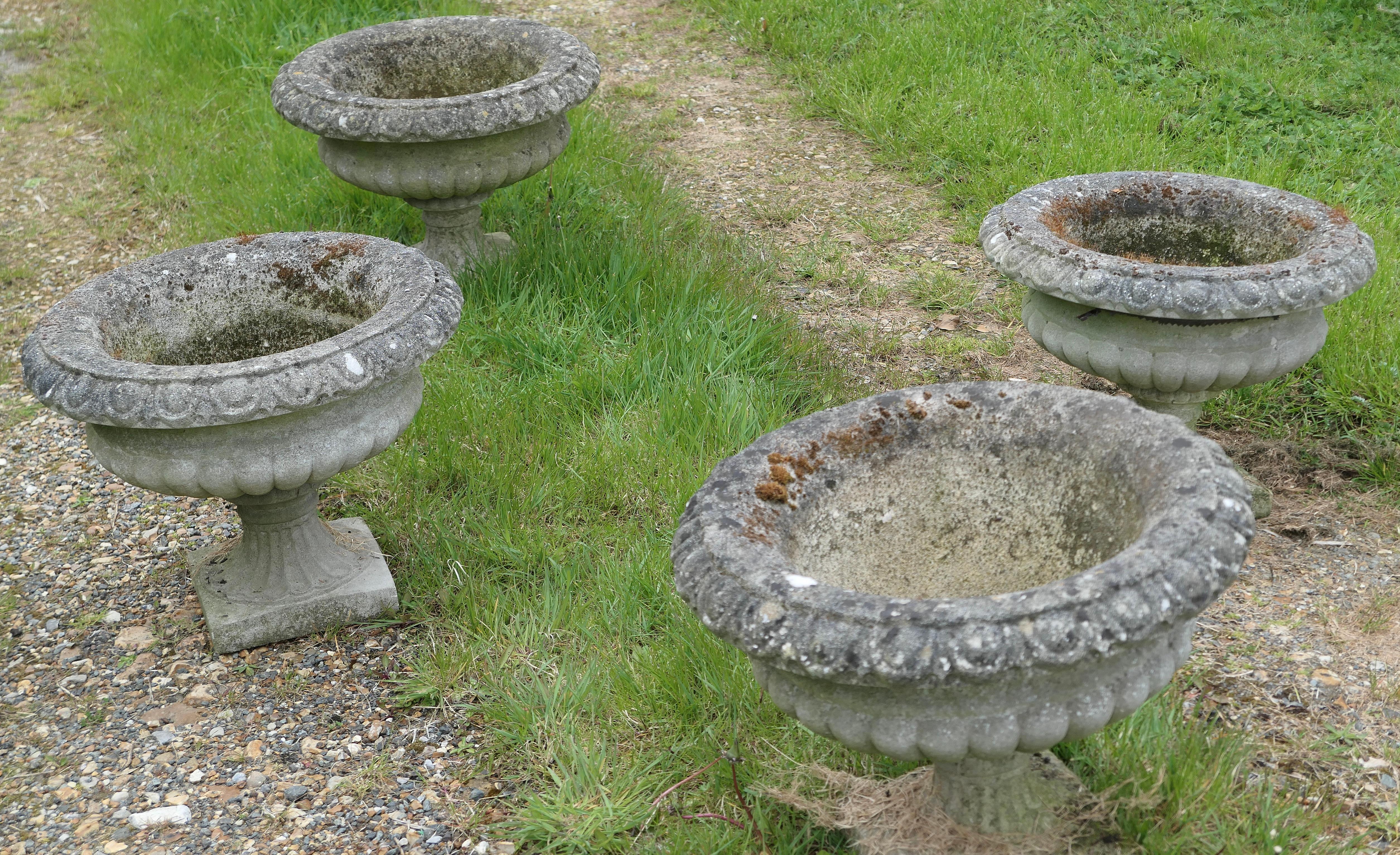 Set of 4 Large Weathered Cast Stone Garden Planters For Sale 1