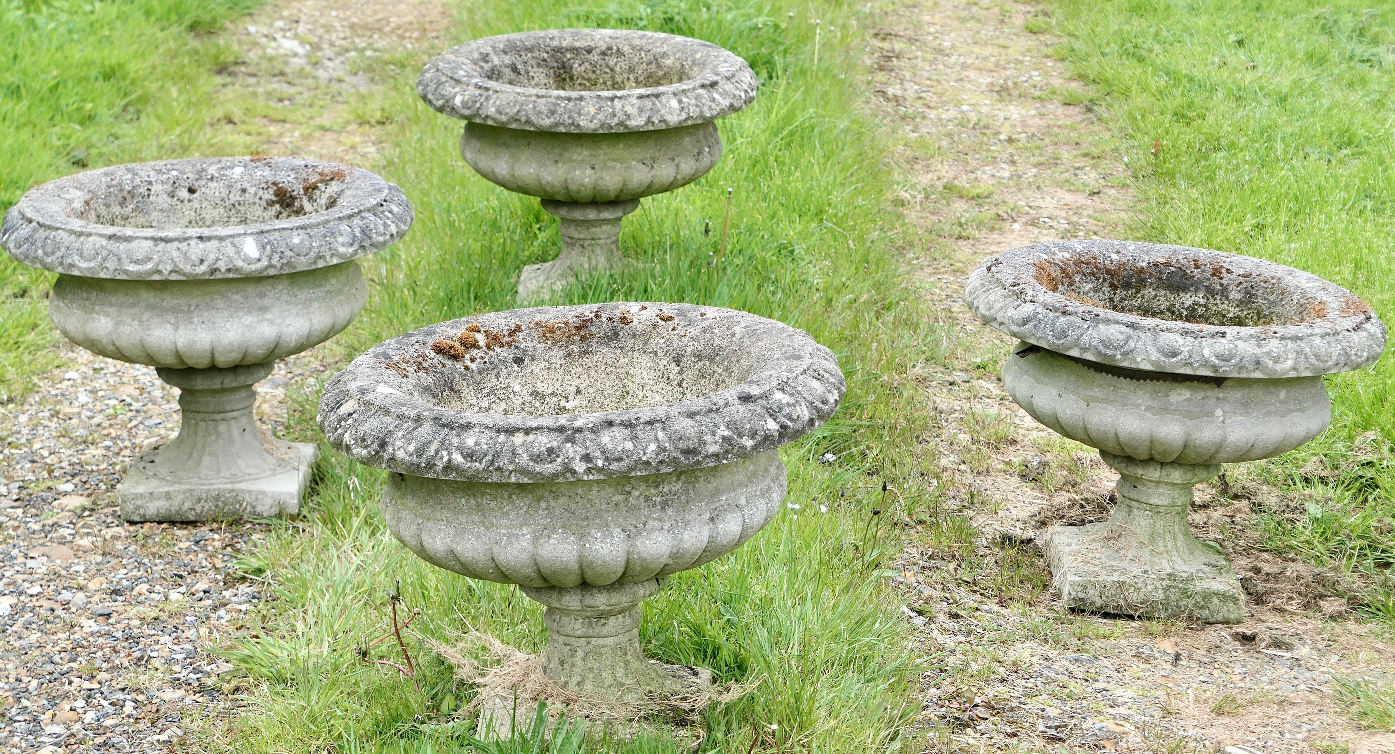 Adam Style Set of 4 Large Weathered Cast Stone Garden Planters For Sale