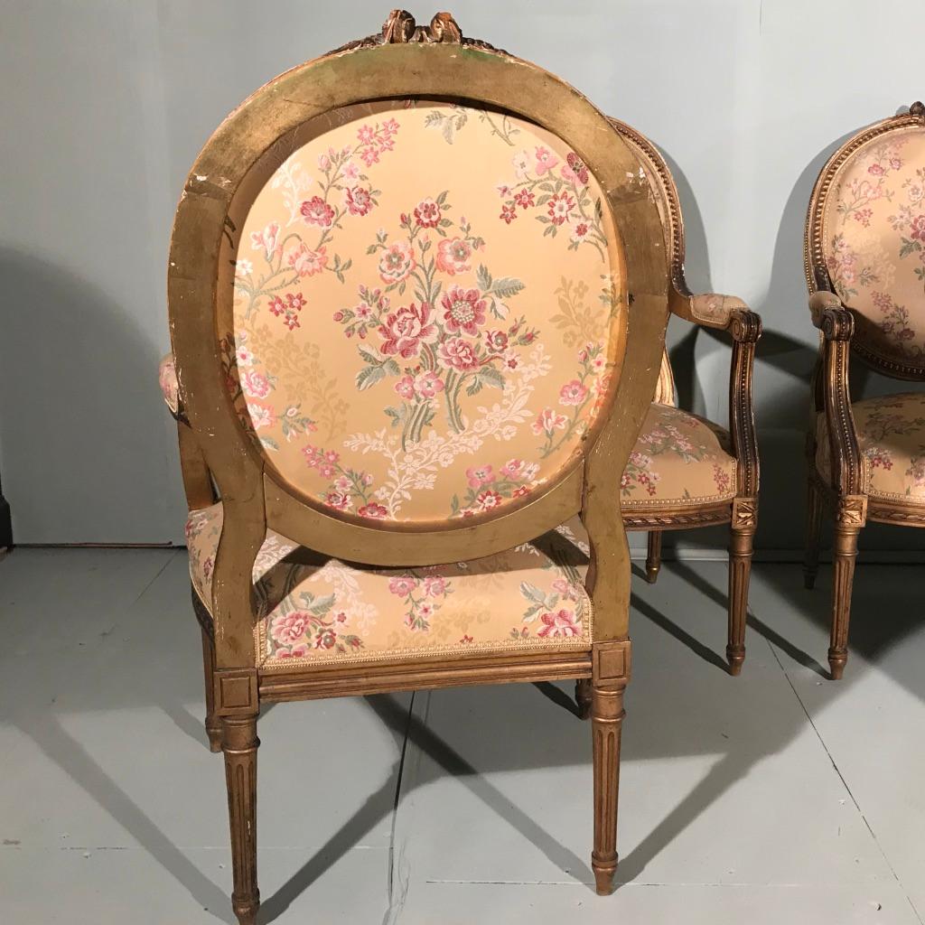 Very good set of four French 19th century gilt armchairs with beautifully carved frames and a generous size seat, circa 1880 and in lovely condition.
The chairs are a good size for daily use, not the small bedroom size.
Very well carved frames,
