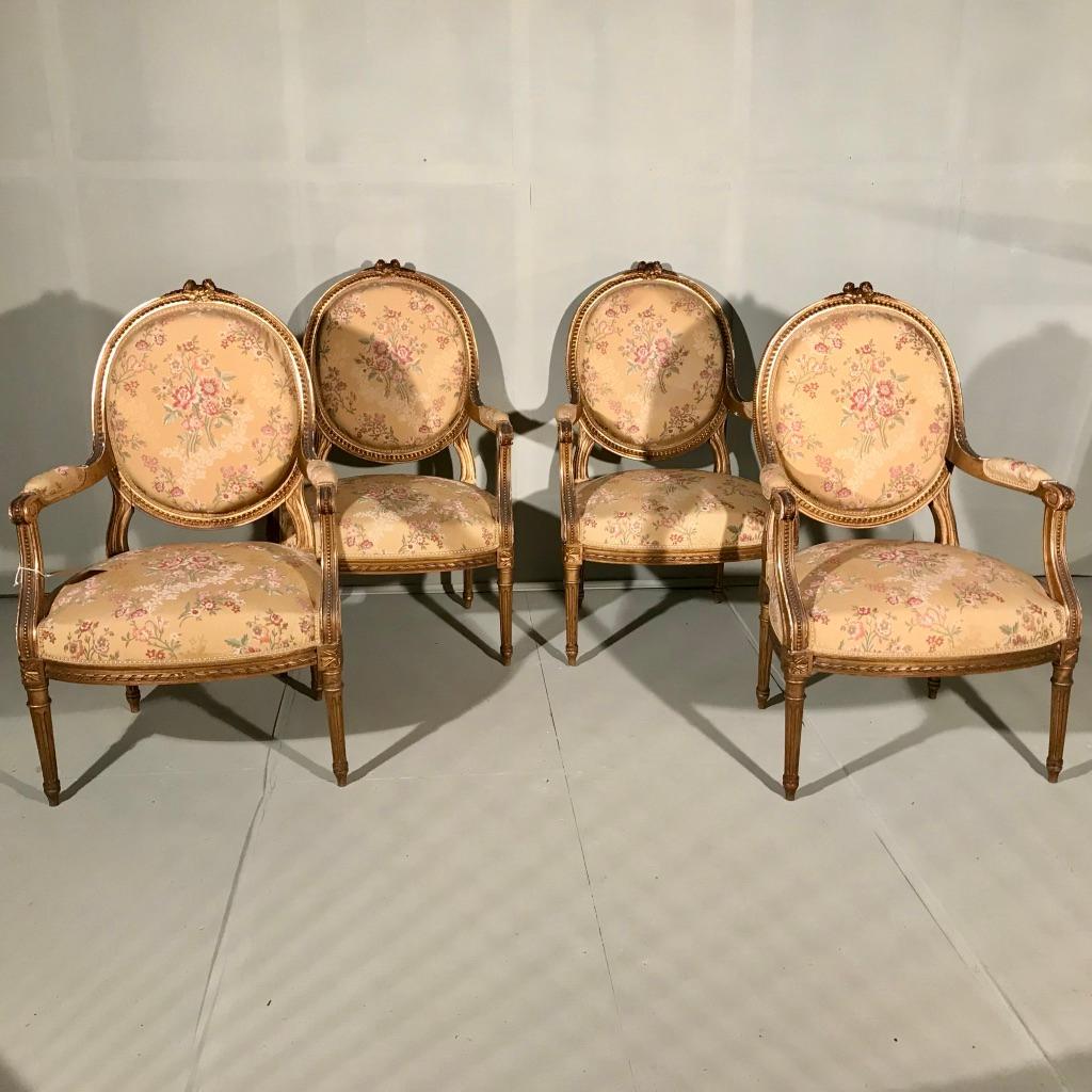 Louis XVI Set of 4 Late 19th Century Gilt Open Armchairs
