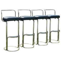 Set of 4 leather and brass bar stools, 1970s