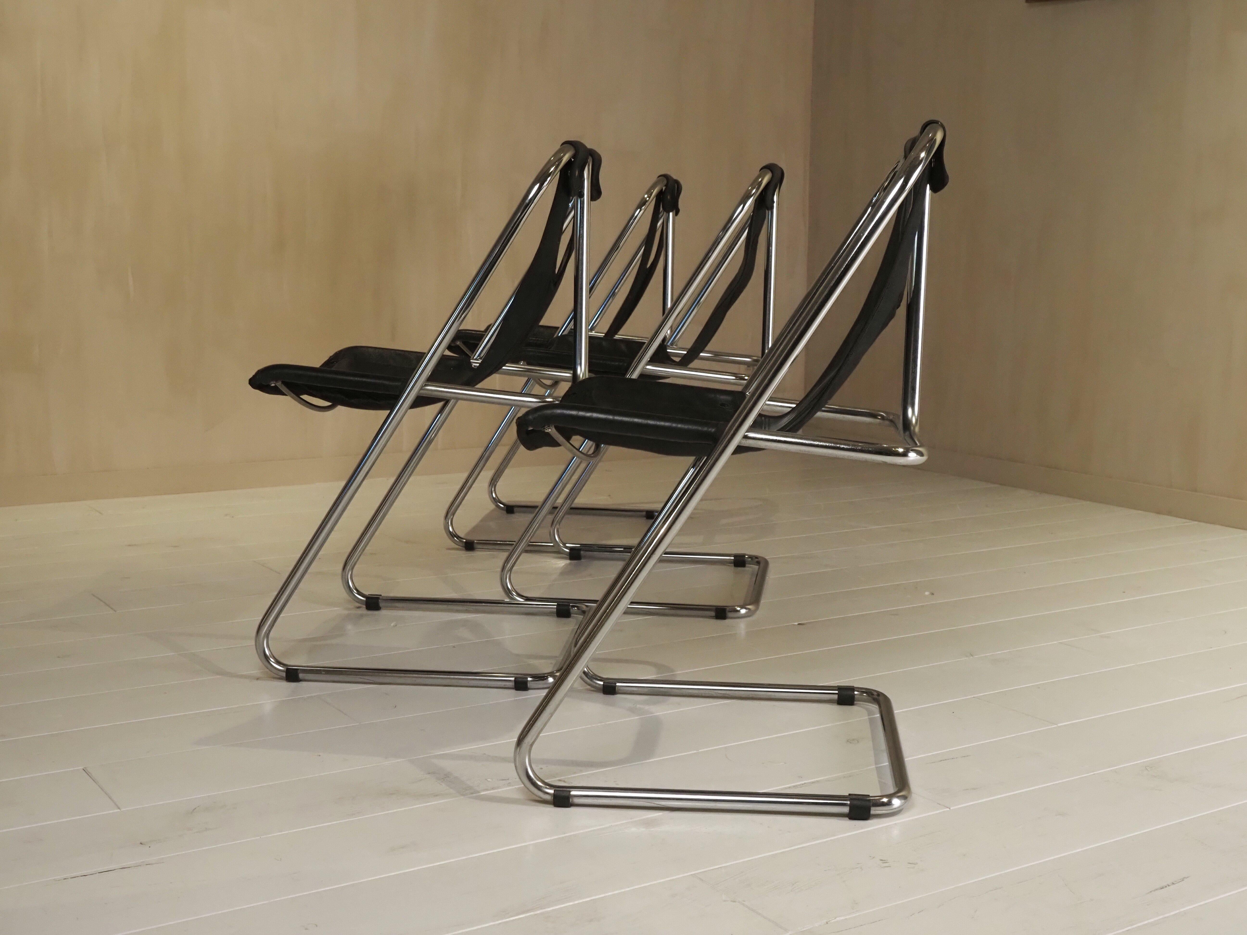 Pelle Set di 4 sedie in pelle e cromo anni '60 in vendita