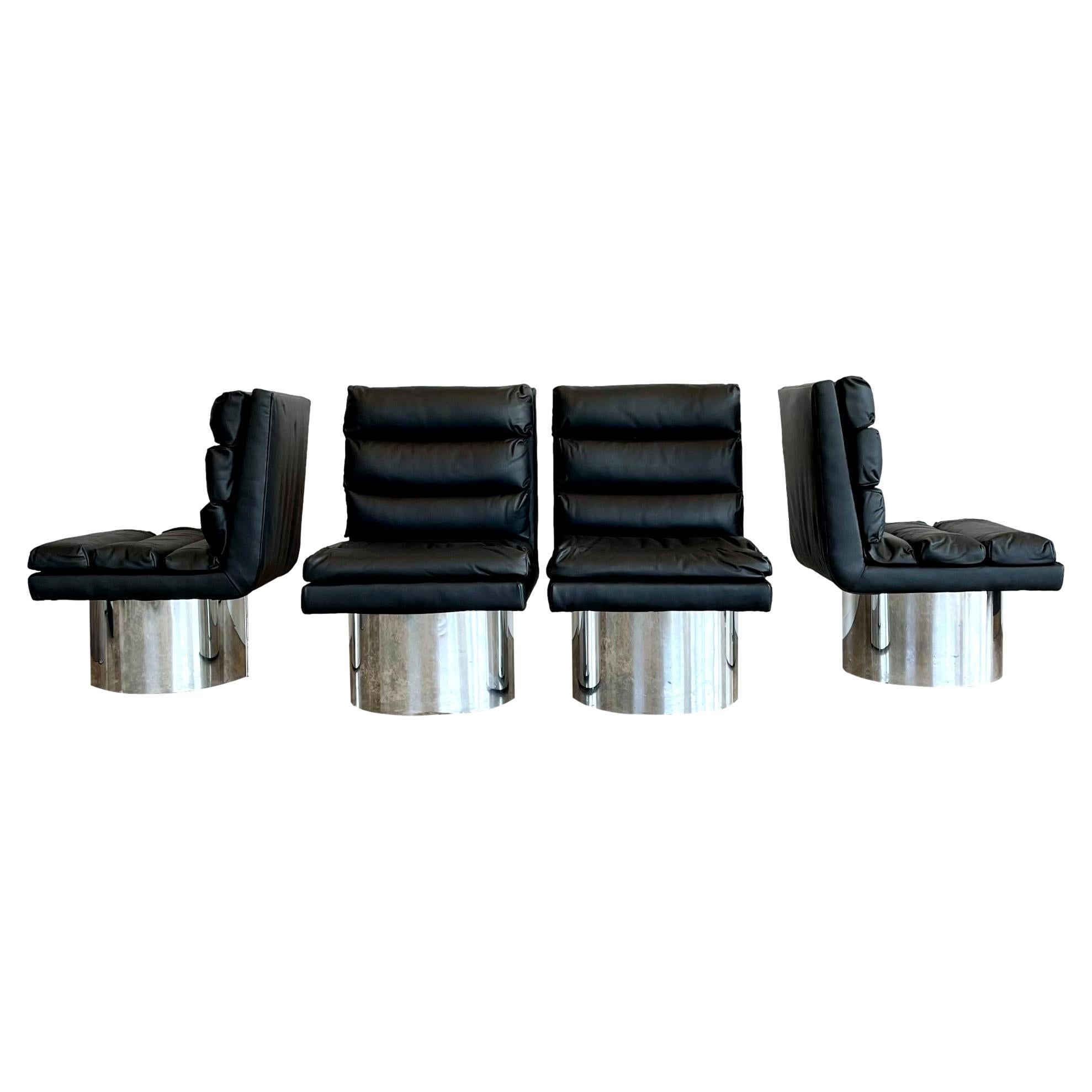 Set of 4 Leather and Chrome Swivel Dining Chairs For Sale